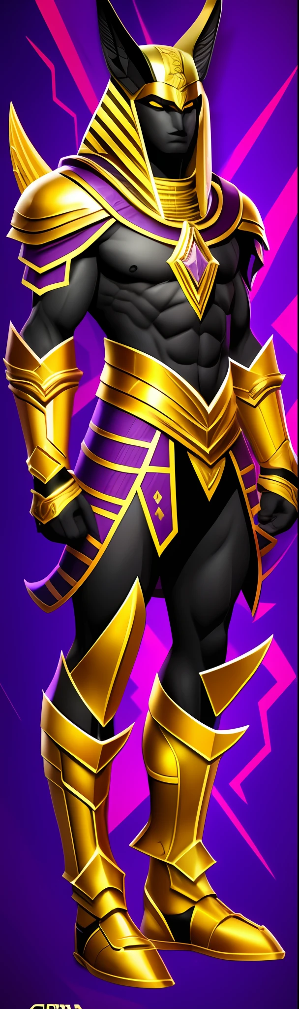 character design sheet of the god Anubis, inspired by DC Comics costume. In shining dark purple with golden details armor, dark purple fire in the palm of his hands. black skin color. Epic style, egypt dramatic background, strong, angular lines, sharp contour. (((Artist: Creative Apollo))). 8k resolution, Graphic Engine 5 engine, 3D image dimension. --auto --s2