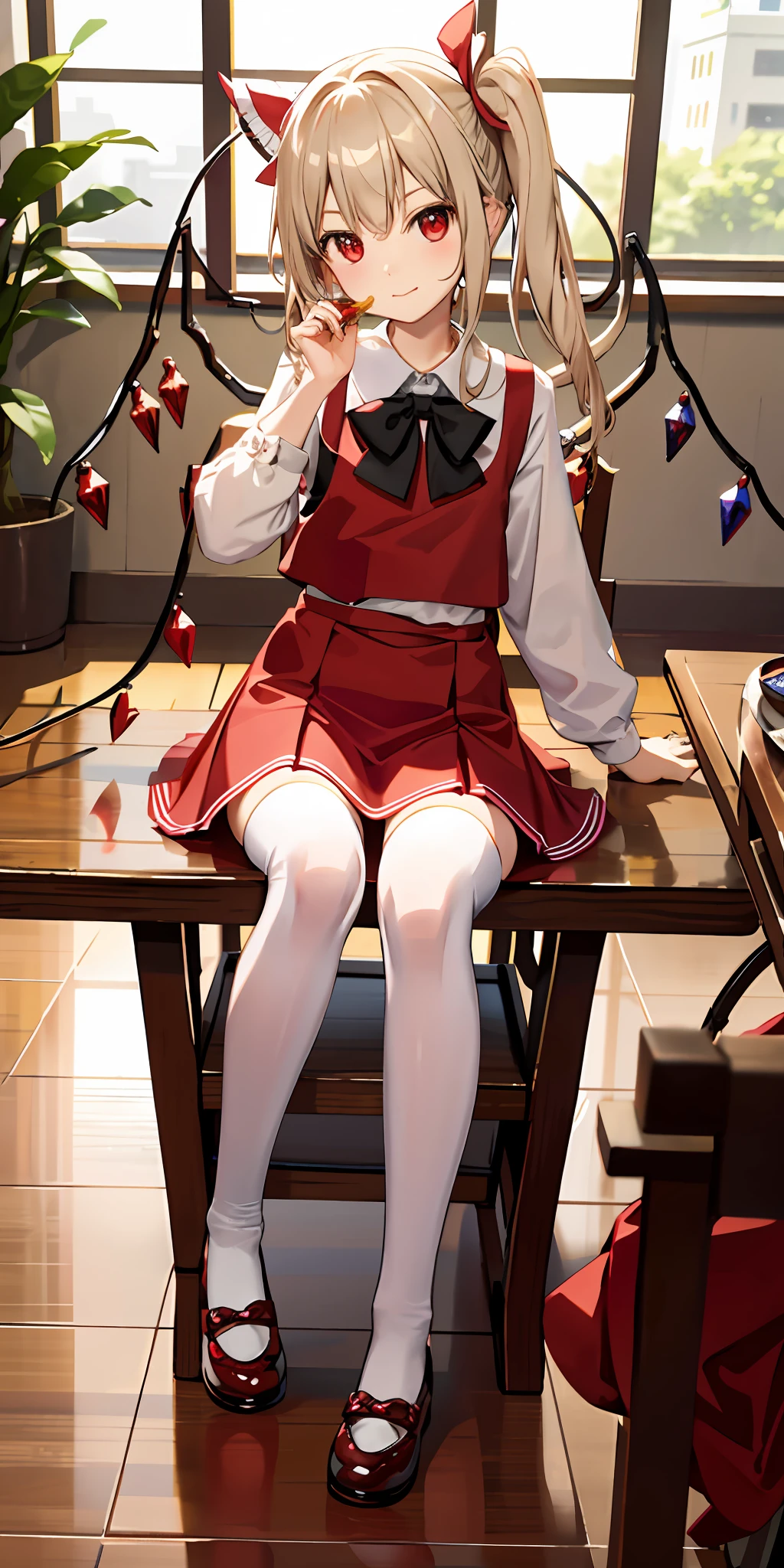 Oriental Project, Flandre Scarlet in British school uniform sitting in chair ready to eat food, loli, cute, 4k, blurred foreground
