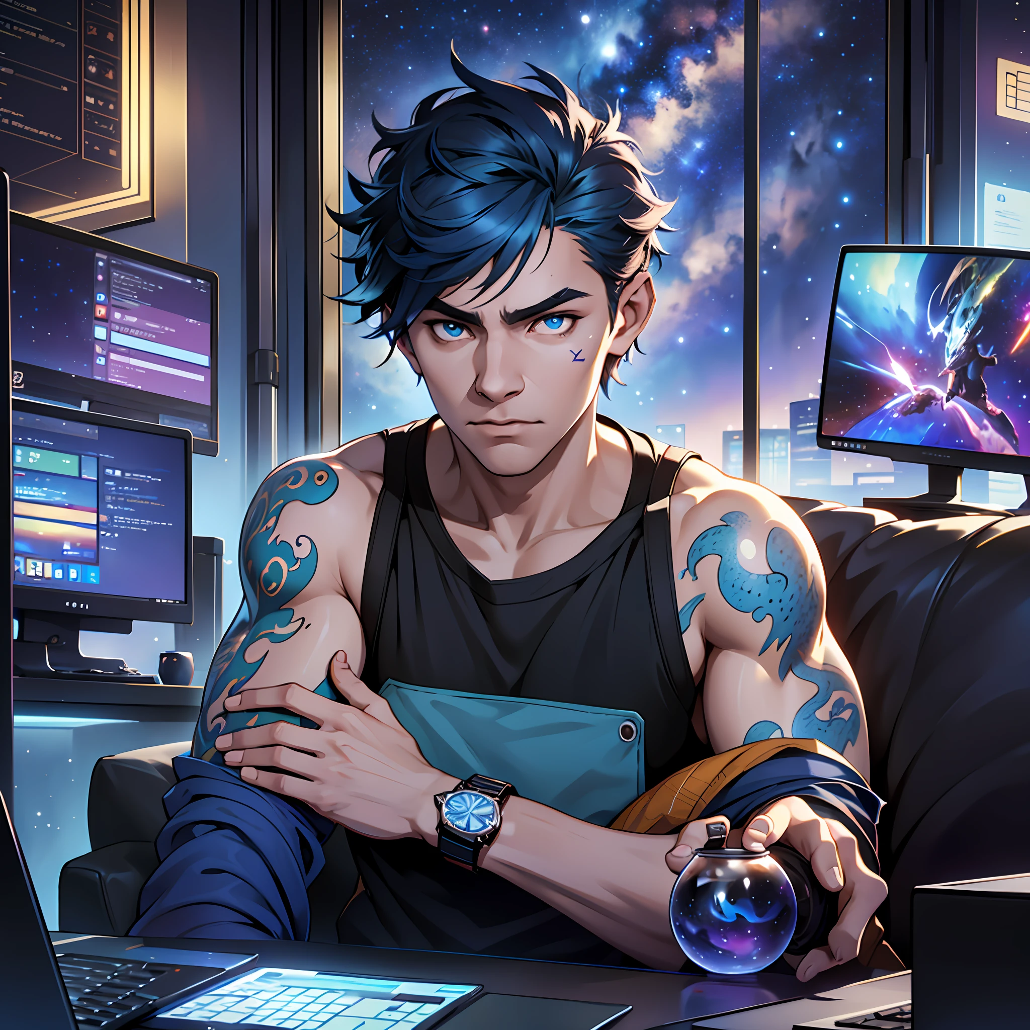 A young man sits in front of a computer, There is a galaxy in the computer, Wear a casual outfit, Delicate facial features, Strap a watch in hand, The arm has a blue dragon tattoo, Strong body, Hold the mouse in your hand, Expression enjoyment, Sofa next to it, There are cabinets, masterpiece --auto --s2