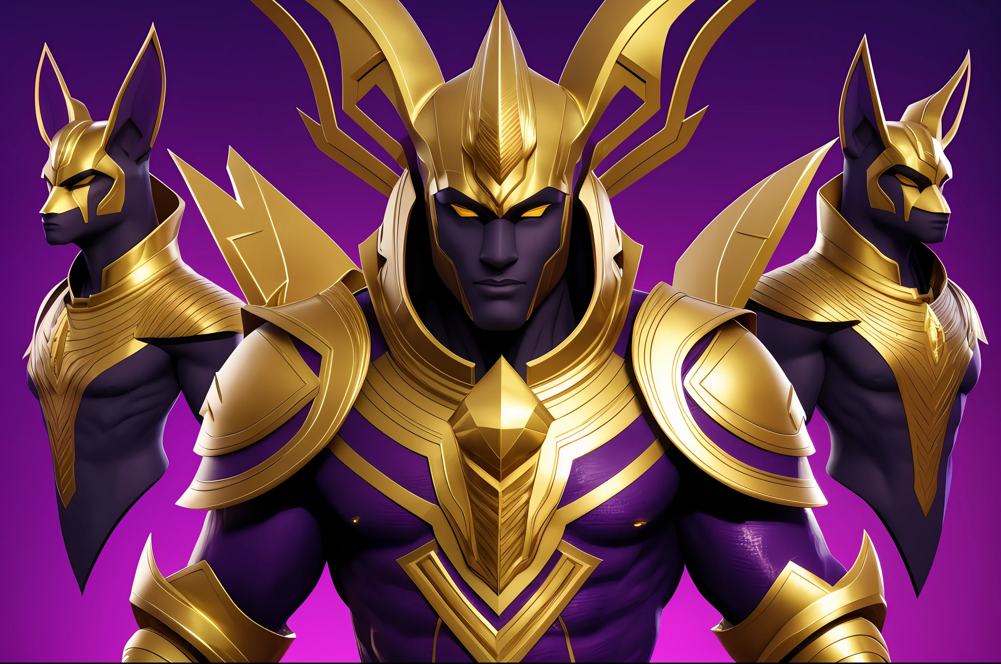 character design sheet of the god Anubis, inspired by DC Comics costume. In shining dark purple with golden details armor, dark purple fire in the palm of his hands. black skin color. Epic style, egypt dramatic background, strong, angular lines, sharp contour. (((Artist: Creative Apollo))). 8k resolution, Graphic Engine 5 engine, 3D image dimension. --auto --s2