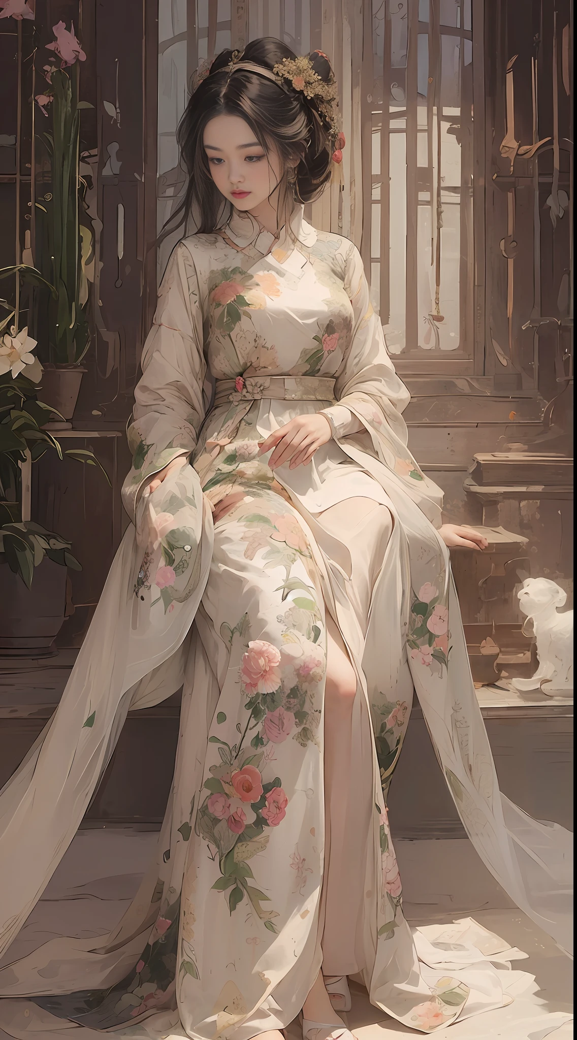 Very detailed photo of a woman, Lola Daisy, Hanfu, silk, hand bow, main view, full body, 8k uhd, RAW photography, model shoot, cute, close-up, Tradition Chinese Ink Painting style, silk, Hanfu, Embroidered, Chinese costume, Front view, Full body shot