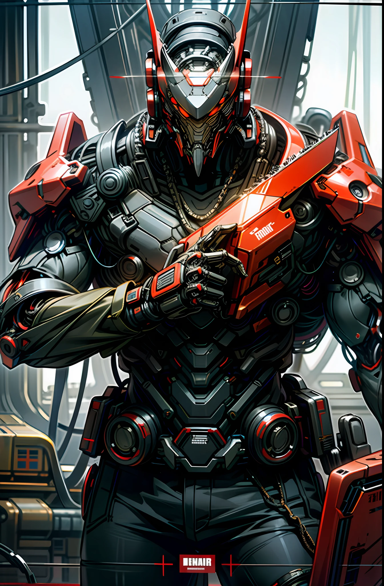 Dark_Fantasy,Cyberpunk,(chain saw,chain saw man,Red:1.1),1man,Mechanical marvel,Robotic presence,Cybernetic guardian,