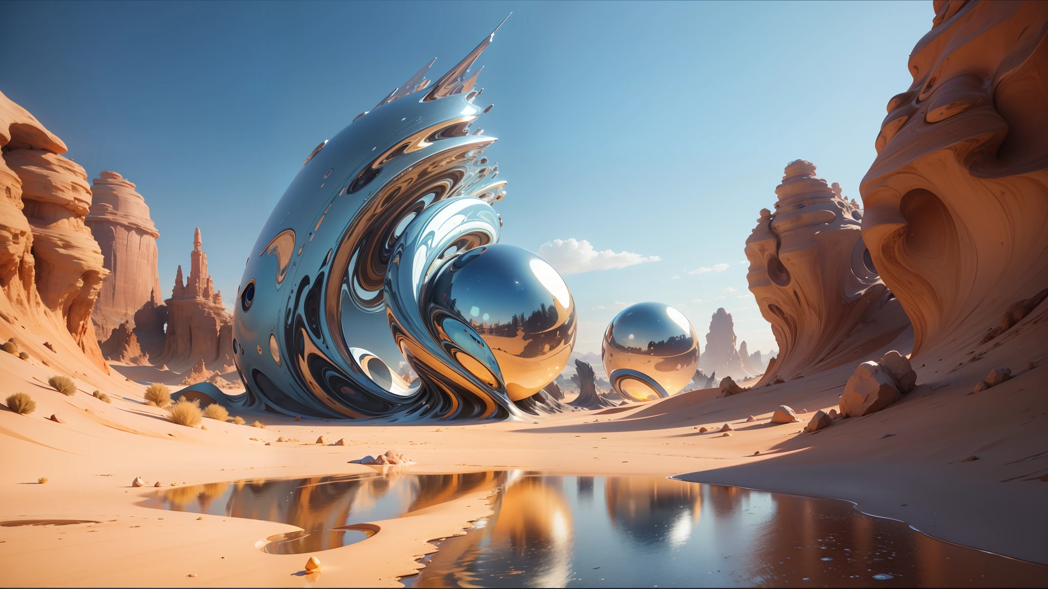 there is a large metal sculpture in the middle of a desert, 3 d fluid simulation render, floating spheres and shapes, by Siona Shimshi, metallic light, from a 2 0 1 9 sci fi 8 k movie, trippy fractals, in style of wlop, trending on artstaion, by Abraham Begeyn, flares anamorphic, draped in shiny oil --auto --s2