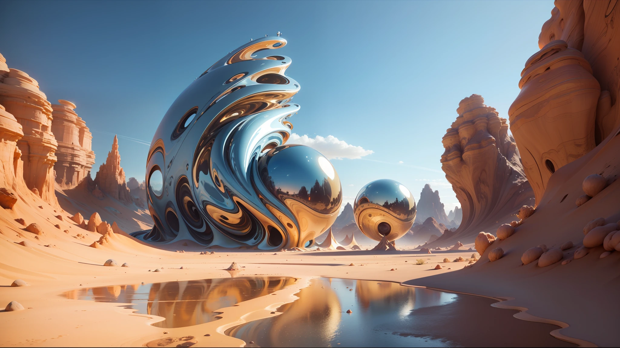 there is a large metal sculpture in the middle of a desert, 3 d fluid simulation render, floating spheres and shapes, by Siona Shimshi, metallic light, from a 2 0 1 9 sci fi 8 k movie, trippy fractals, in style of wlop, trending on artstaion, by Abraham Begeyn, flares anamorphic, draped in shiny oil --auto --s2