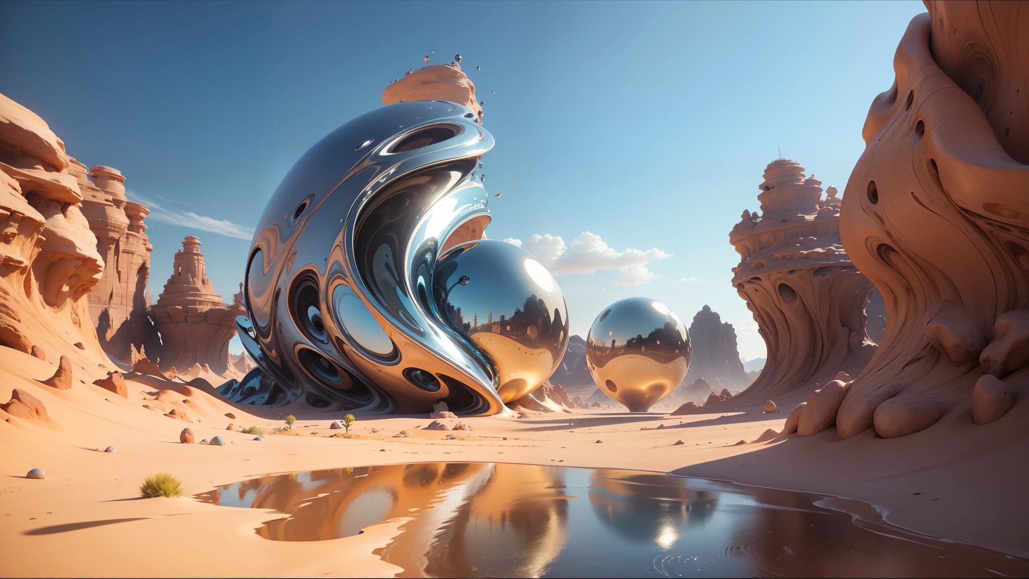 there is a large metal sculpture in the middle of a desert, 3 d fluid simulation render, floating spheres and shapes, by Siona Shimshi, metallic light, from a 2 0 1 9 sci fi 8 k movie, trippy fractals, in style of wlop, trending on artstaion, by Abraham Begeyn, flares anamorphic, draped in shiny oil --auto --s2