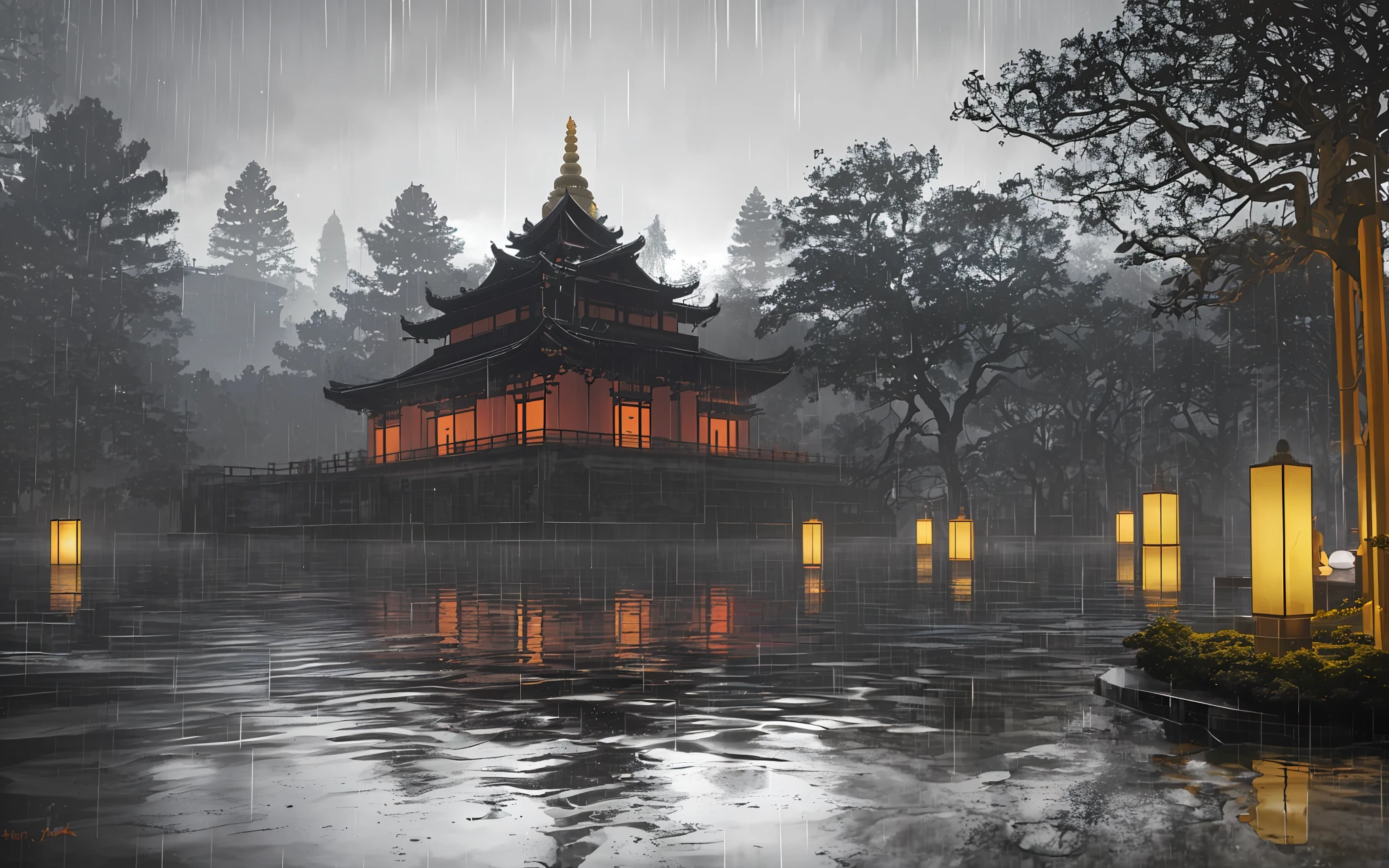 (best quality, masterpiece),( dark sky, heavy rain, inside buddha temple,a monk meditation under the heavy rain,reflection on water low water level stagnant water,dark big tree ), realistic background, 2112, light*_black_particle,