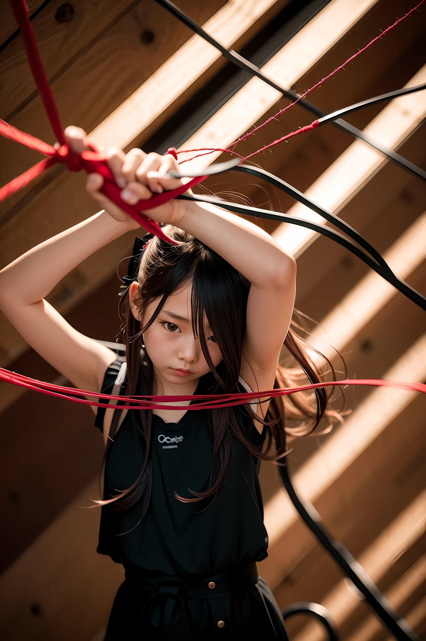 There is a young girl with a red rope on her head, many wires tied to her, a portrait of a suicidal girl, a young Japanese girl, photographed with Sony A7R, taken with a Sony A7R camera, strangled with a rope, inspired by Chiharu Shiota, red thread entangled, her hands are red roots, rope puppet white princess dress