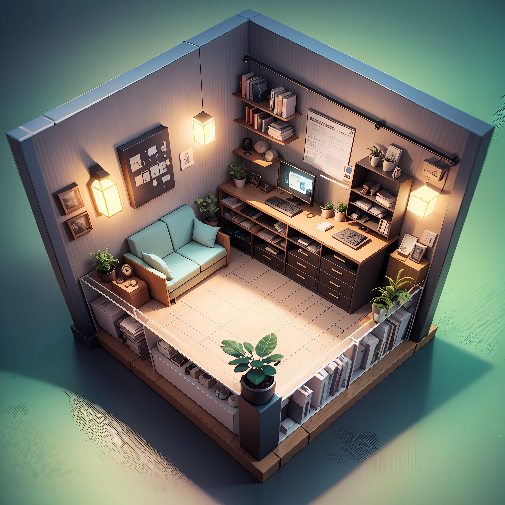 Isometric style, accurate 120 degrees, poly art, stylized 3D rendering, small room, 3D stylized scene, --auto --s2