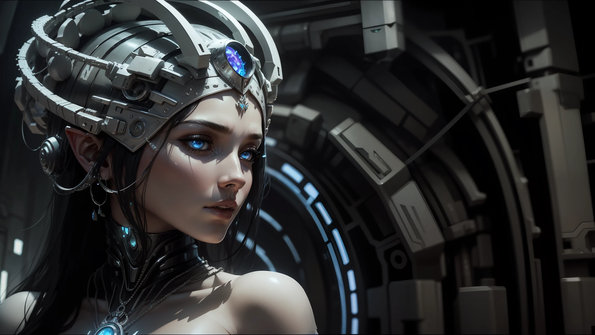 arafed woman in a silver headdress and a silver helmet, cyberpunk robotic elvish queen, nanotechnology, cyber necklace, humanoid woman, (h.r giger), a teen black cyborg, rendered art, close-up portrait of cyborg, futuristic cloning facility --ar 16:9 --auto --s2