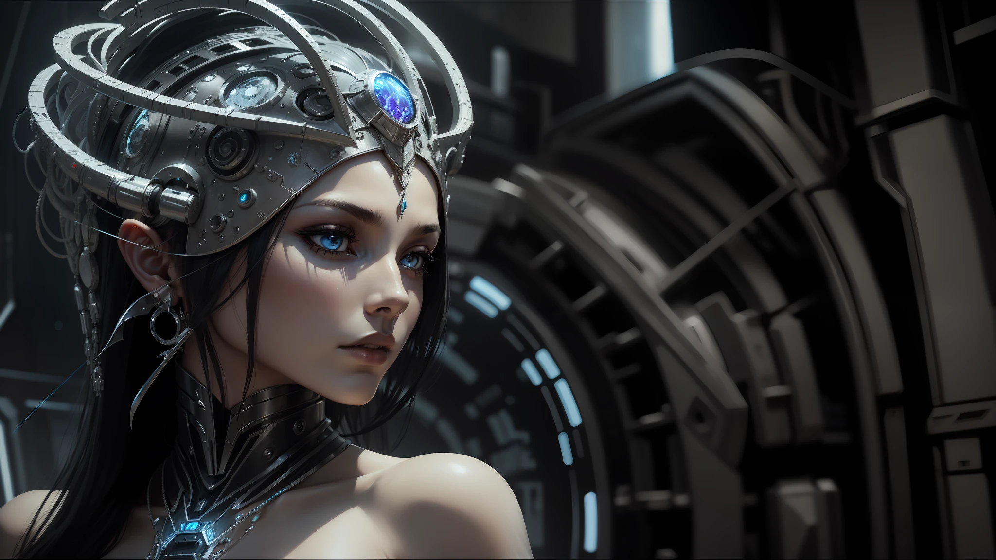 arafed woman in a silver headdress and a silver helmet, cyberpunk robotic elvish queen, nanotechnology, cyber necklace, humanoid woman, (h.r giger), a teen black cyborg, rendered art, close-up portrait of cyborg, futuristic cloning facility --ar 16:9 --auto --s2