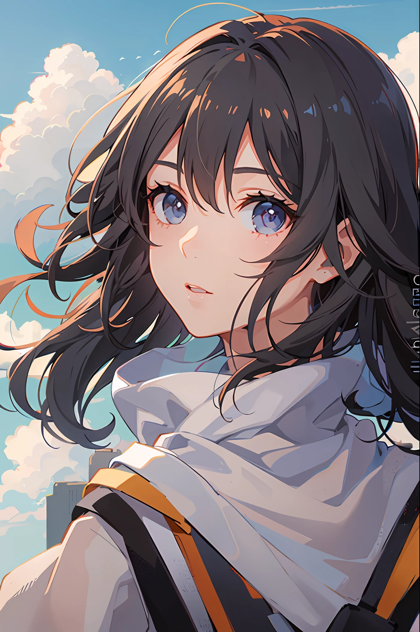 portrait of a girl, (face:1.2), floting hair, wind, cloud, sunlight, cinematic light, bangs,