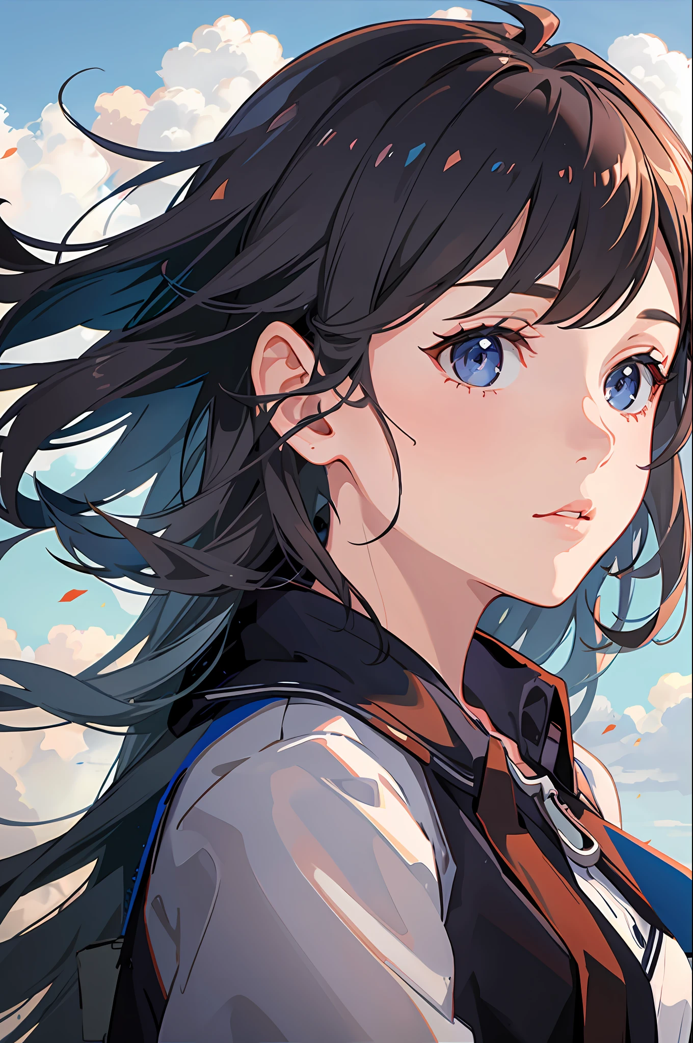 portrait of a girl, (face:1.2), floting hair, wind, cloud, sunlight, cinematic light, bangs,