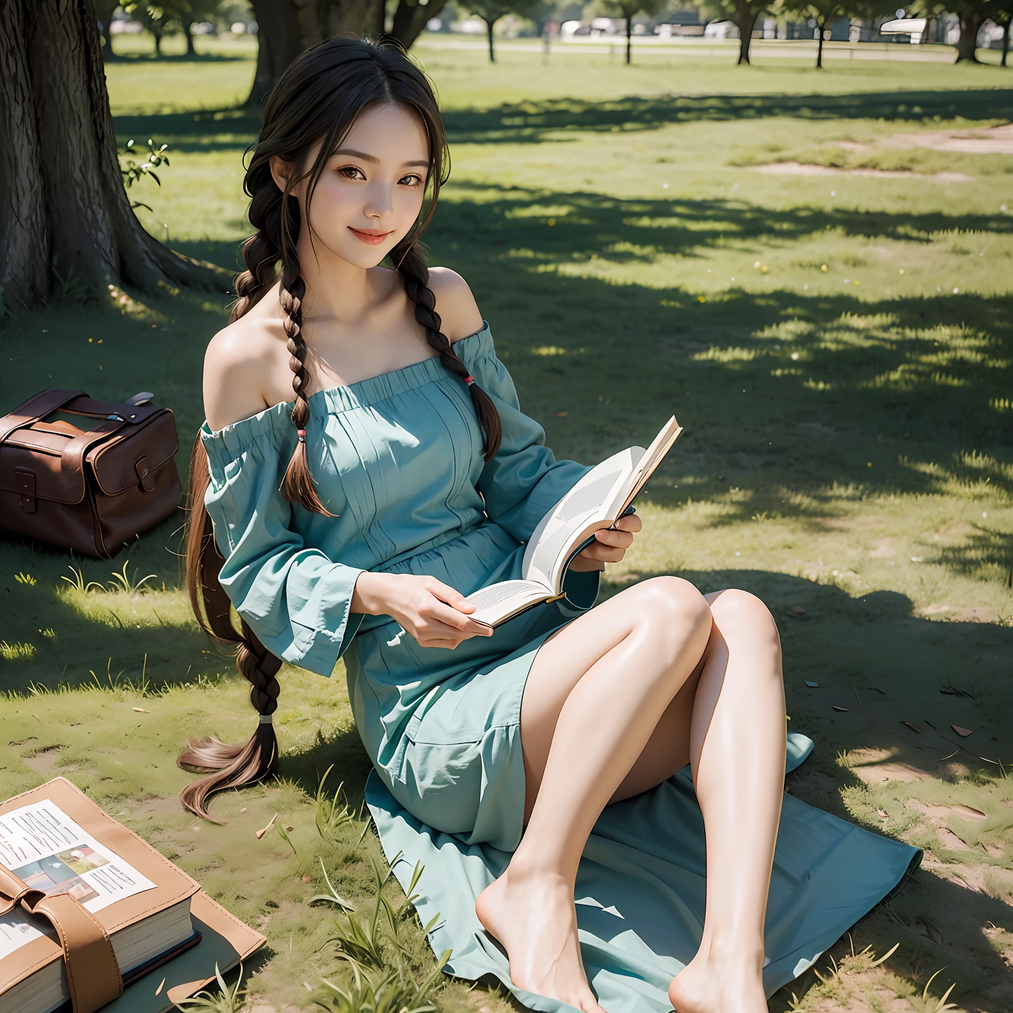 Best quality,masterpiece,ultra high res,raw photo,(photorealistic:1.4),Barefoot,Girl,Sitting under a big tree,Reading a book,Sunny weather,Long hair,Green lawn,Bright and cheerful, smile,Holding a book in hand,pantyhose,twin braids,off shoulder,public hair,