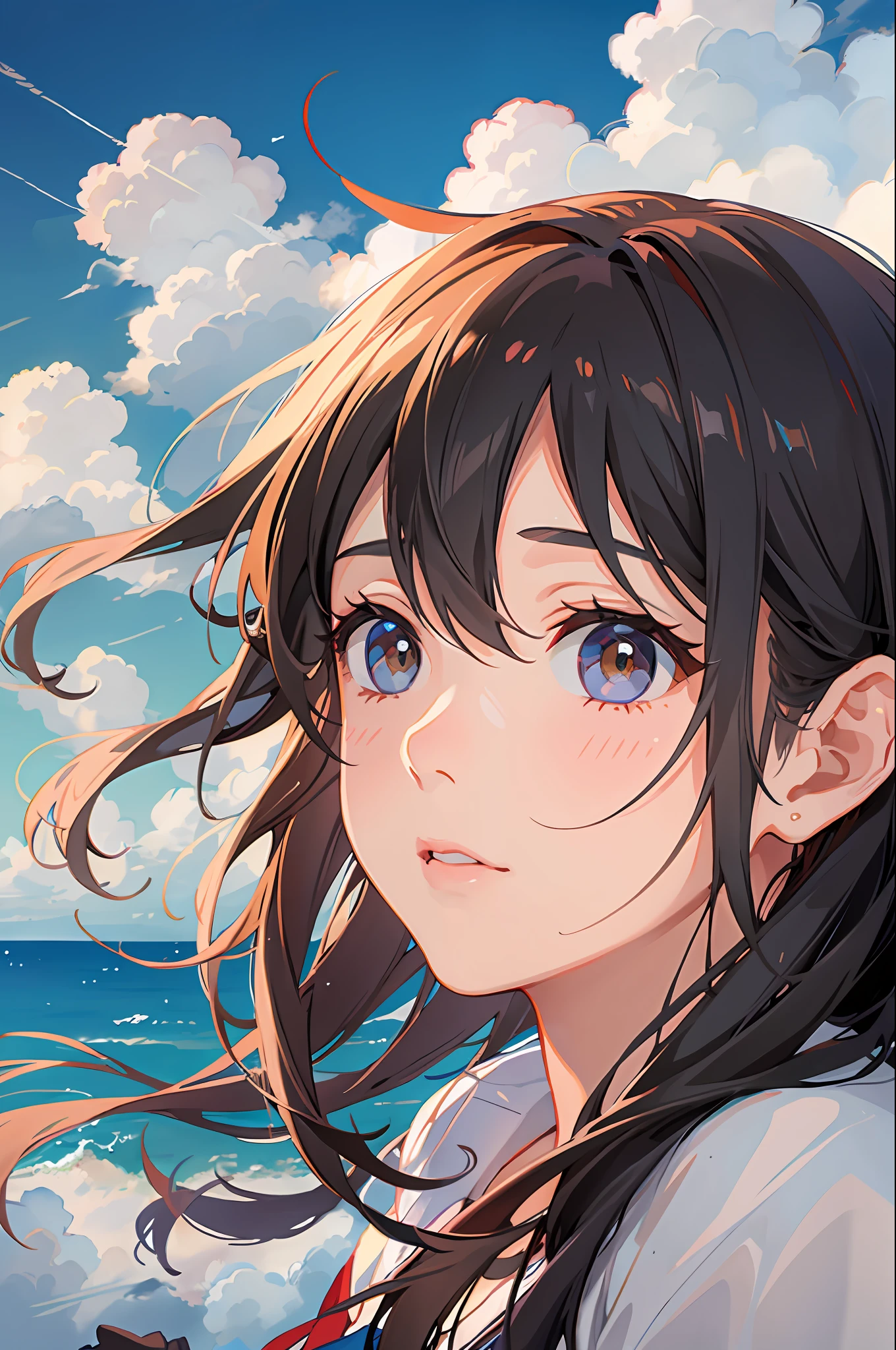 portrait of a girl, (face:1.2), floting hair, wind, cloud, sunlight, cinematic light, bangs,