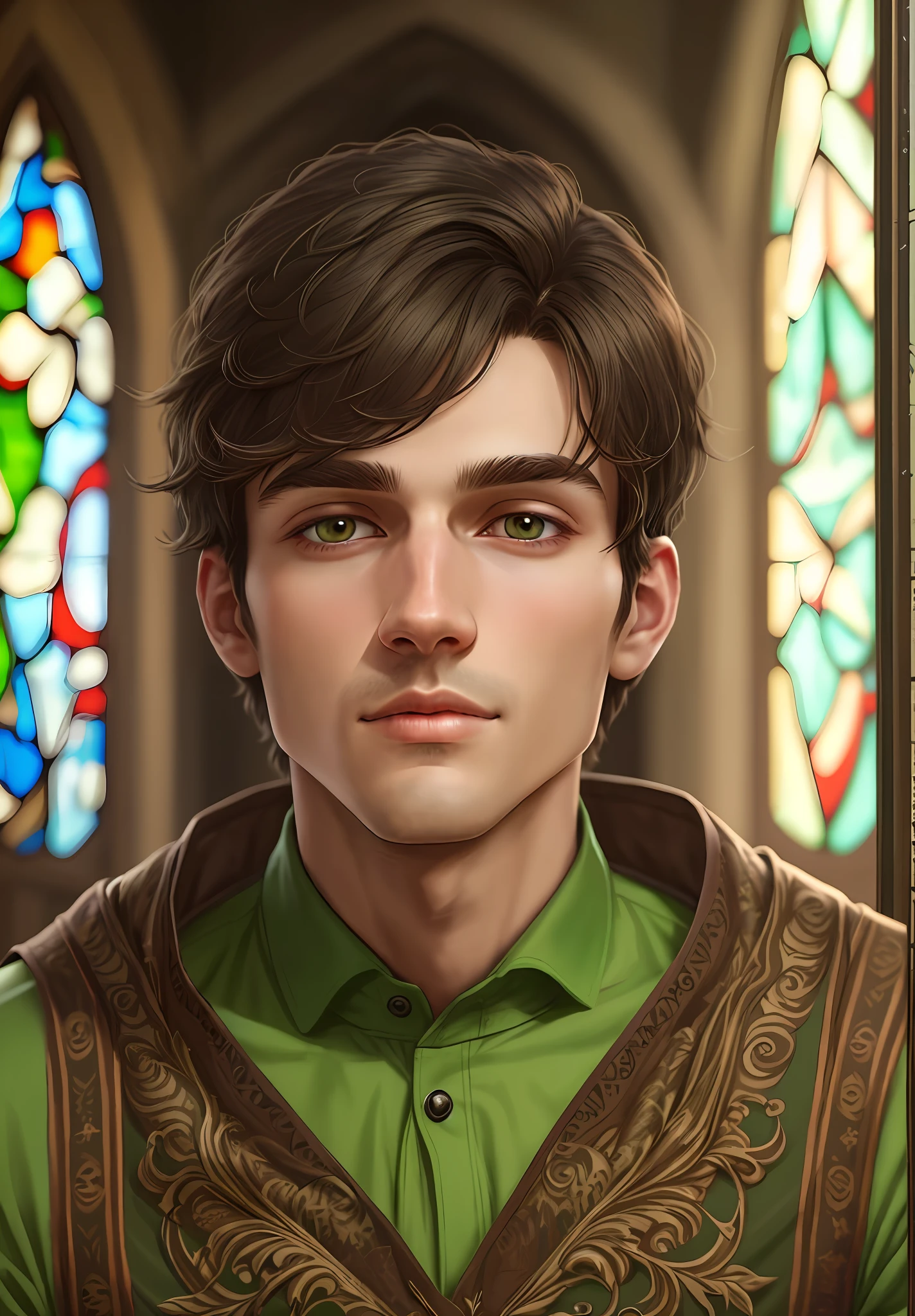 1man, green top, dark brown hair, stained glass, brilliant colors, masterpiece, best quality, detailed eyes, detailed lips, detailed clothes, (black eyes: 1.2), very realistic face,