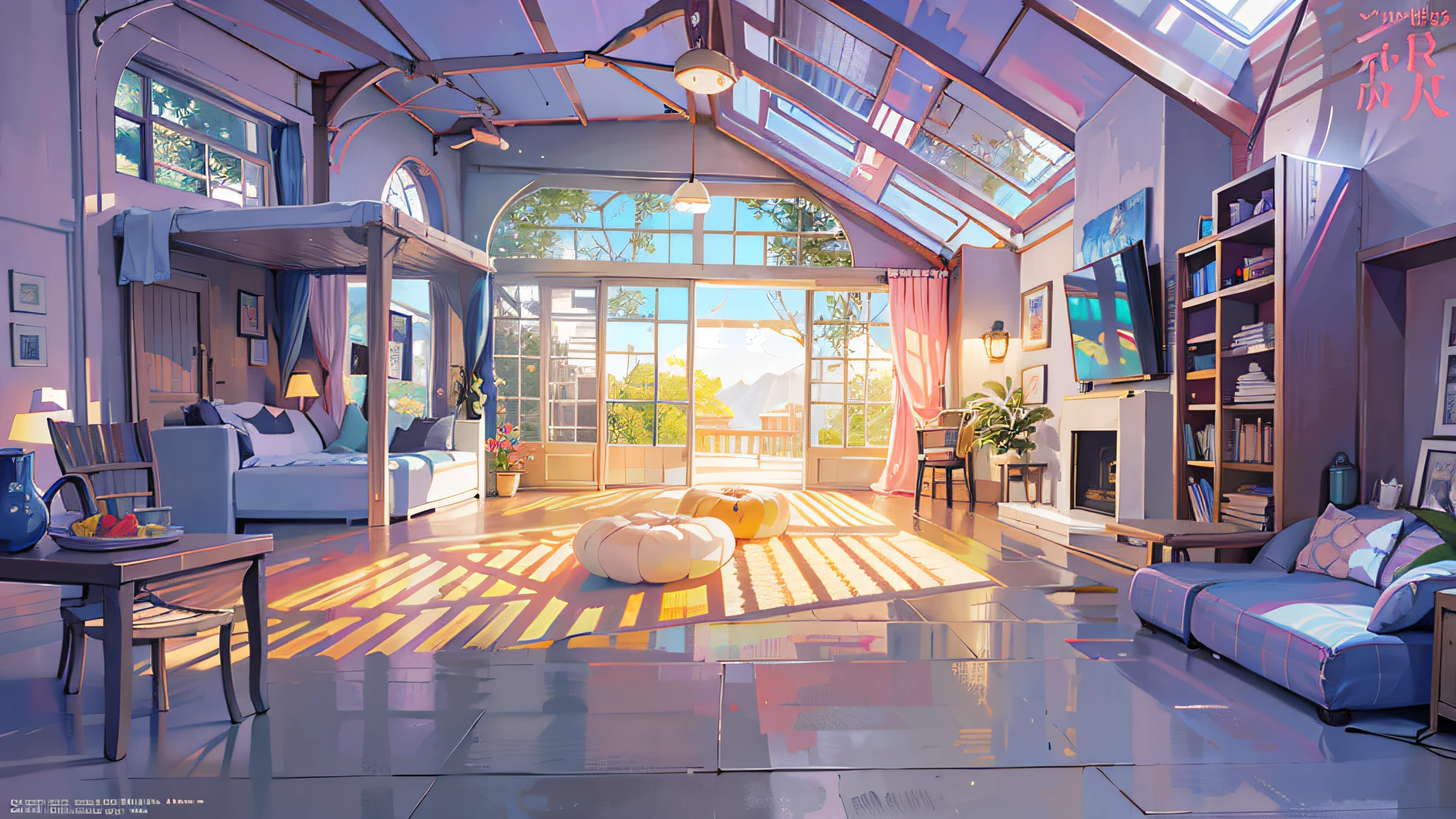 there is a room with a lot of windows and a couch, interior background art, studio ghibli sunlight, anime background art, summer morning light, picture of a loft in morning, style of madhouse studio anime, vibrant volumetric natural light, bright daylight indoor photo, studio glibly makoto shinkai, realistic afternoon lighting, anime scenery concept art, cozy home background