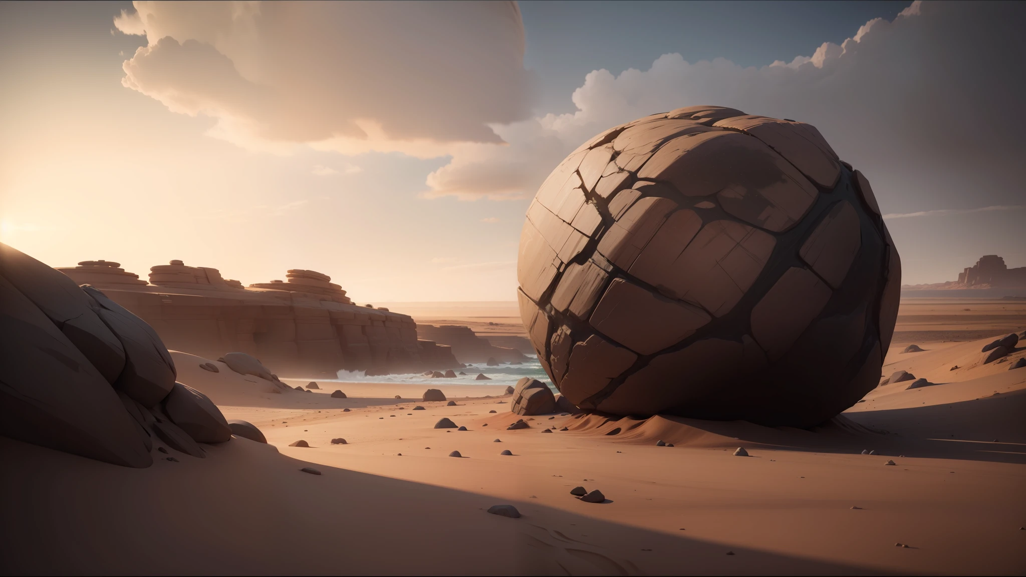 there is a large rock sitting on top of a sandy beach, unreal engine 5 », winning award image, jodorowky's dune movie, car commercial photograph, sisyphus compostition, by Matthias Weischer, inspired by Jan Victors, anamorphic, from lorax movie, cracked earth, from a 2 0 1 9 sci fi 8 k movie --auto --s2