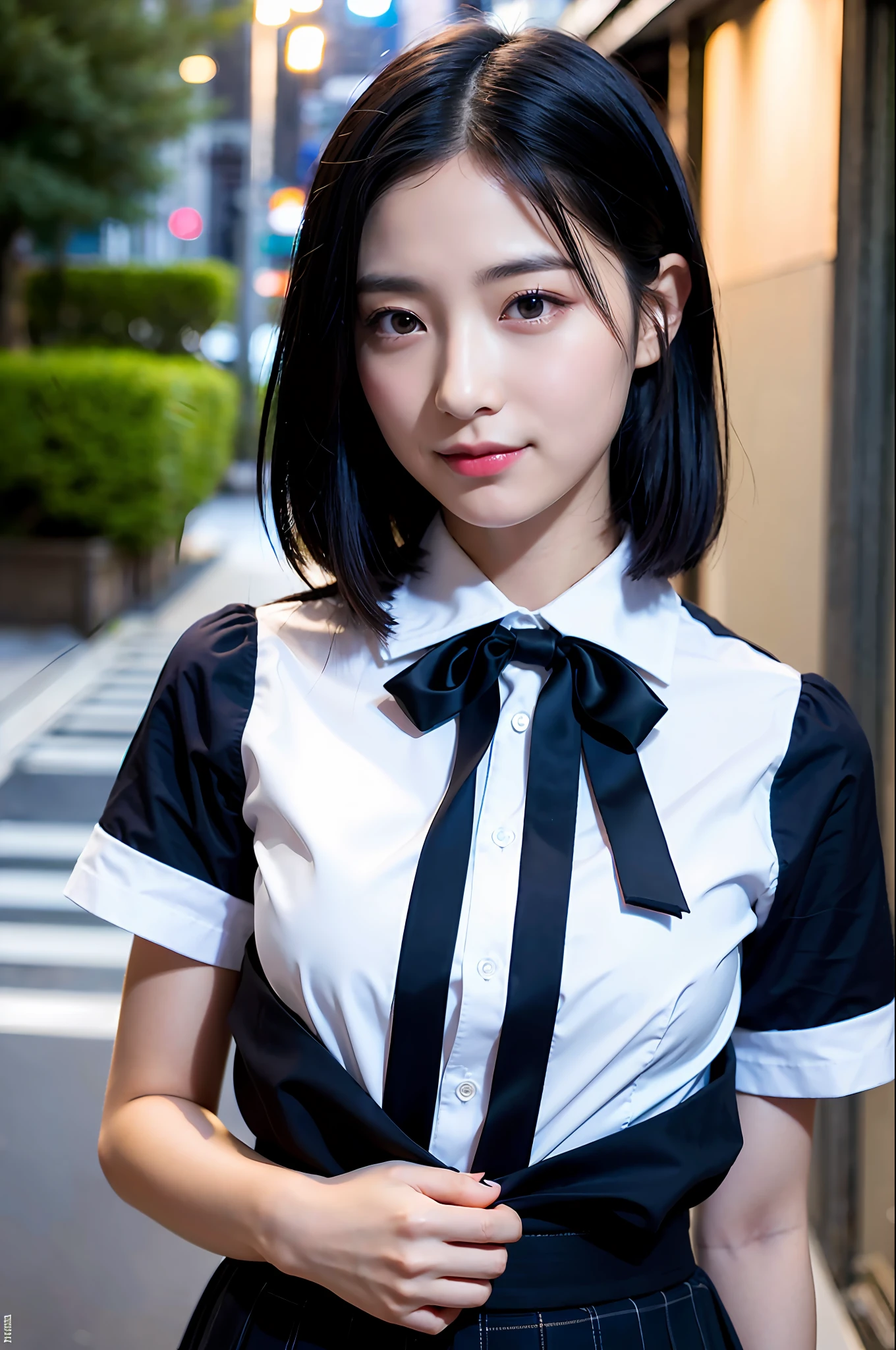 (8k, RAW photo, best quality, mastery:1.3), (realistic, photo-realistic:1.37), (looking viewer:1.331), (black hair), posing, Tokyo street, nightcityscape, cyberpunk city, soft light, 1girl, extremely beautiful face , Perfect body proportions, (small face: 1.1), bust, casual hairstyle, smile, big eyes, (short sleeves JK_shirt), JK_style, (navy JK_skirt), (bow JK_tie), mix4, detailed eyes