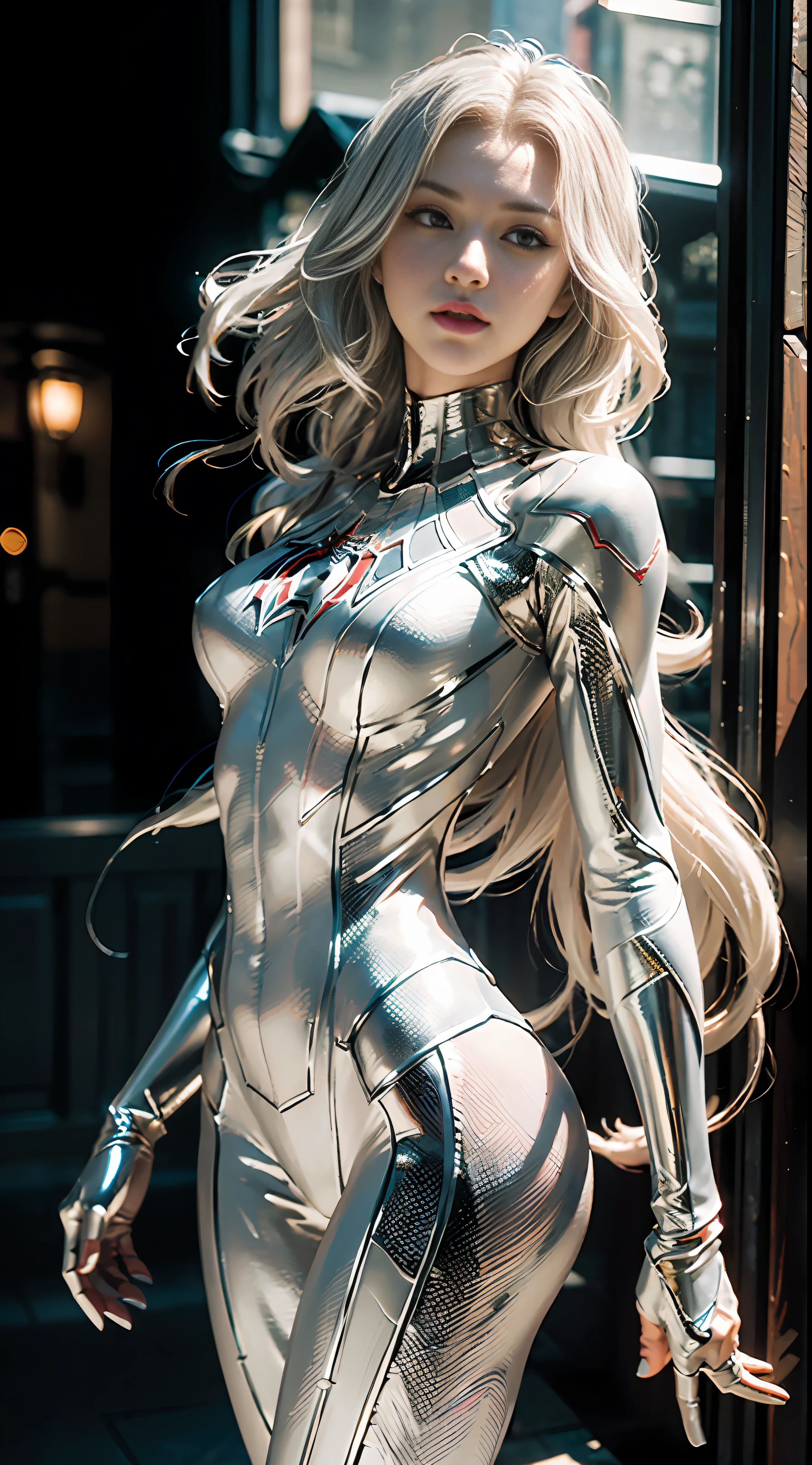 (Extreme Detail CG Unity 8K wallpaper, masterpiece, highest quality), (exquisite lighting and shadow, highly dramatic picture, Cinematic lens effect, looking up), a girl in a blonde and white latex Spider-Man costume, Japanese goddess, silver-gray hair color, from the Spider-Man parallel universe, Wenger, Marvel, Spider-Man, leap, dynamic pose), (excellent detail, outstanding lighting, wide angle), (excellent rendering, enough to stand out in its class), The focus is on the golden-white latex Spider-Man costume, with complex spider textures