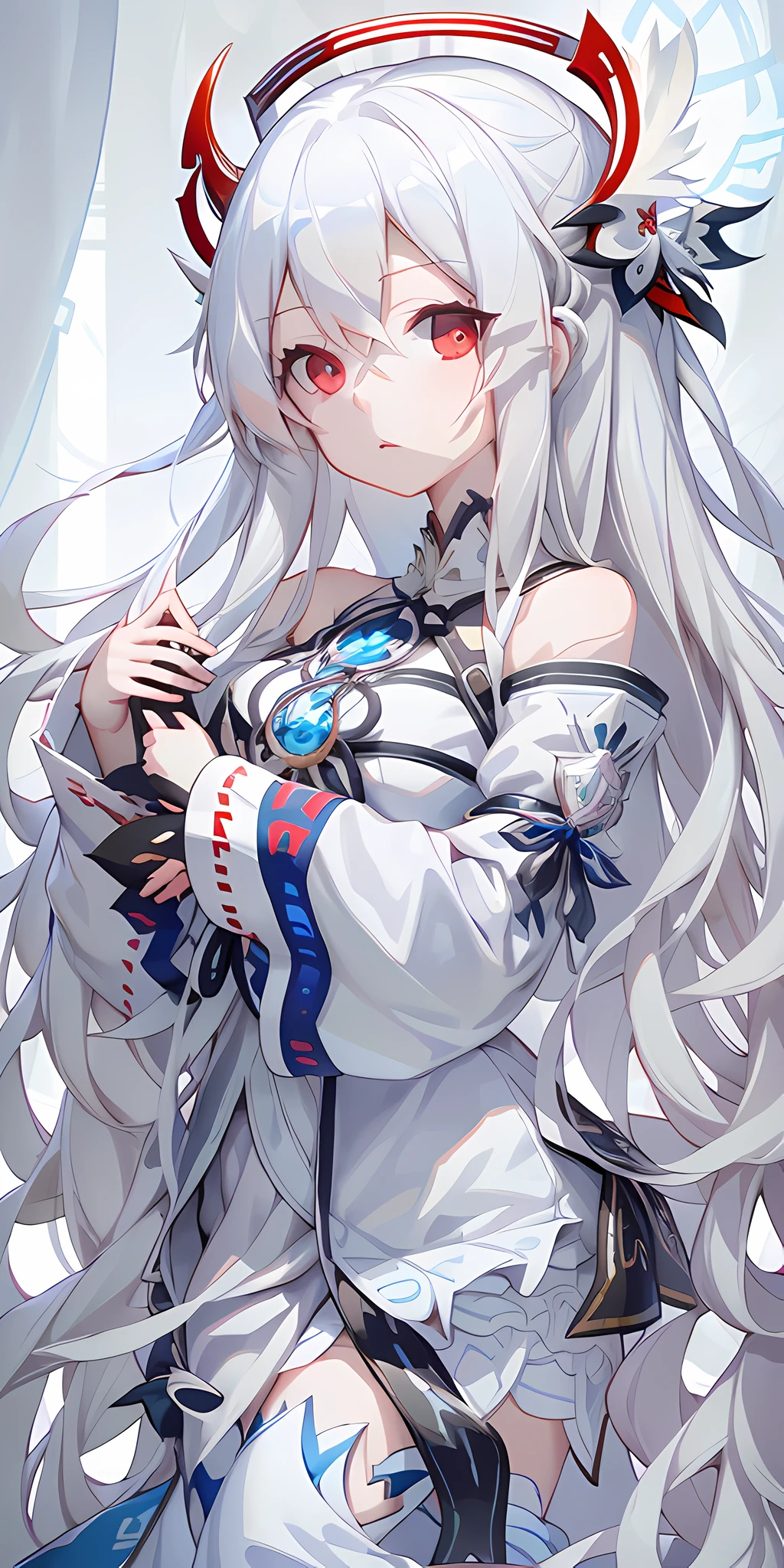 anime girl with long white hair and red eyes posing in front of a window, white haired deity, onmyoji, onmyoji portrait, onmyoji detailed art, from girls frontline, fine details. girls frontline, anime goddess, seductive anime girl, white haired, perfect white haired girl, white haired lady, white-haired, tifa lockhart with white hair