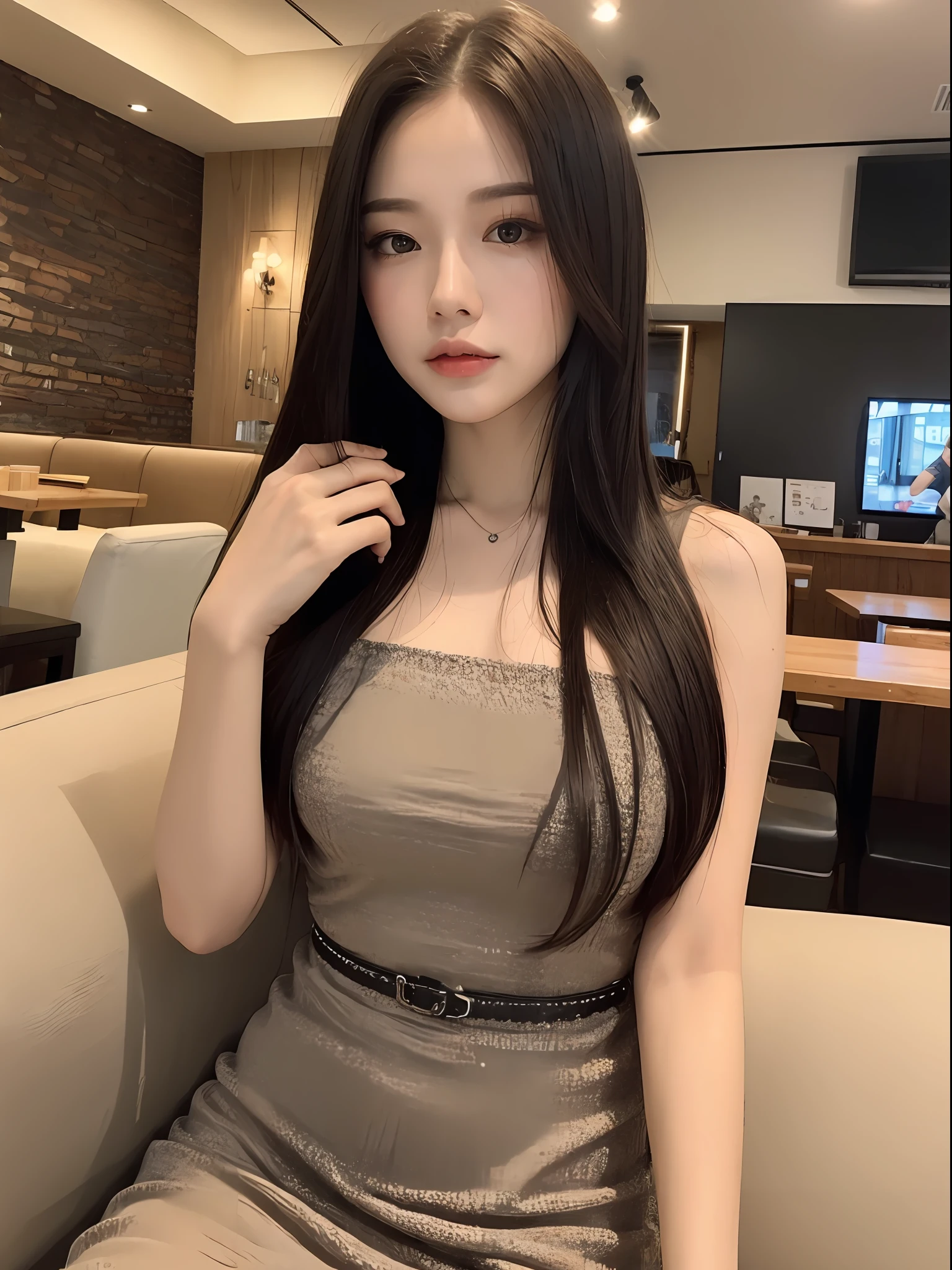 (A GIRL:1.6),(lora:russianDoll:0.3),(lora:TaiwanDoll:0.3),(Best quality, 8k, Masterpiece:1.3), Focus 1.2, Perfect Body Beauty: 1.4, Highly detailed face and skin texture, Fine eyes, Double eyelids, Whitened skin, Long hair, (Melon face: 1.5), fashion dress, Western restaurant, coffee, sofa