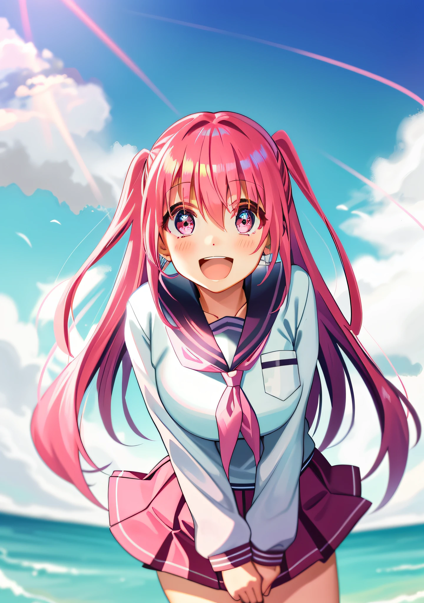 Girl with pink hair, double ponytail, school uniform, big shiny eyes, laughter