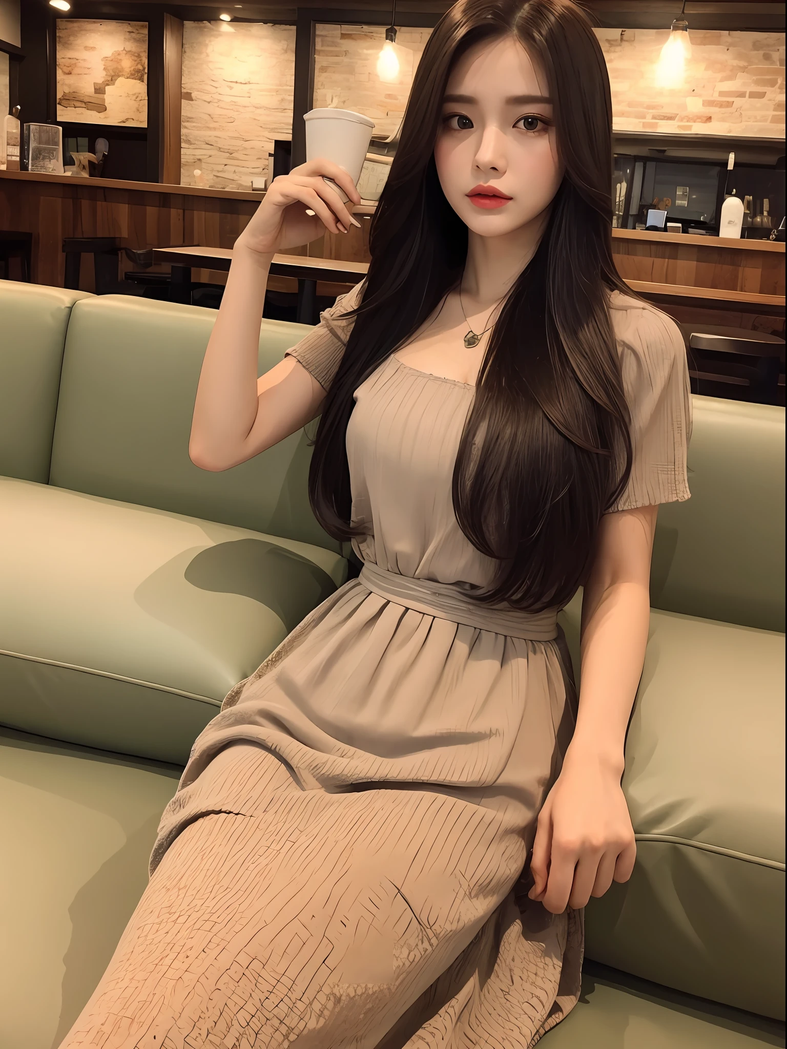(A GIRL: 1.6), (lora:russianDoll:0.3), (lora:TaiwanDoll:0.3), (best quality, 8k, masterpiece: 1.3), focus 1.2, perfect body beauty: 1.4, highly detailed face and skin texture, fine eyes, double eyelids, whitened skin, long hair, (melon face: 1.5), fashion long dress, western restaurant, flowers, food, sofa