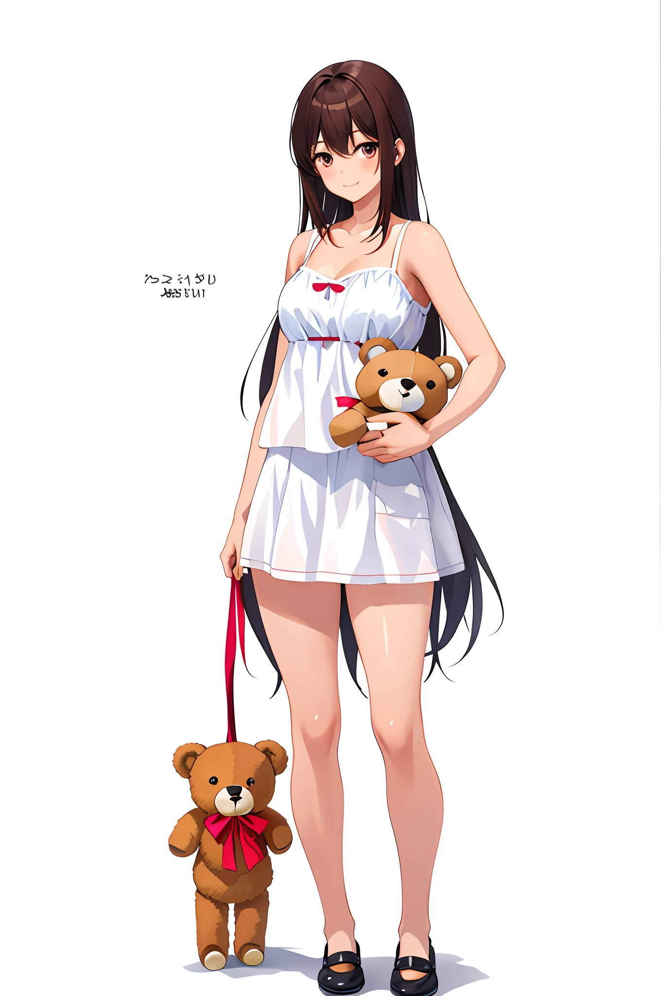 Kobeni,Woman in white underwear holding a teddy bear and slight smile, dark hair,shy,Barbie doll in panties and bra, holding a teddy bear, teddy bear, woman holds more toys, stuffed toy, full body wide plane, tan, toy commercial photo, wearing white camisole, on a mannequin. High Resolution, Teddy Bear, 2 4  Female Model, Stuffed Animal
