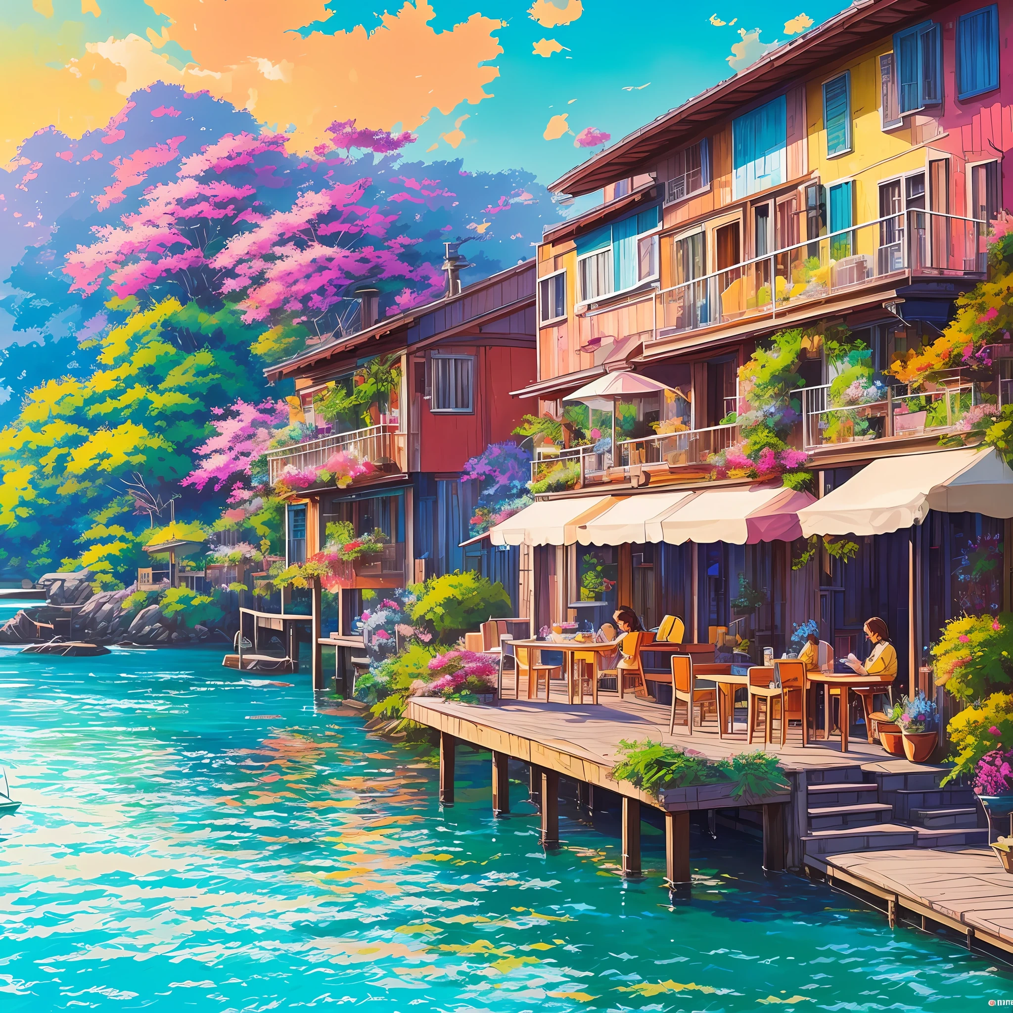 Realistic, real life, beautiful breakfast table by the water with background by greg rutkowski, style of laurie greasley, studio ghibli, geovane tarantino, james gilleard, genshin impact, pixiv trend fanbox, acrylic palette knife, 4k, (vibrant colors), (bright color contrast), (highly saturated), devinart, trend in artstation --auto --s2