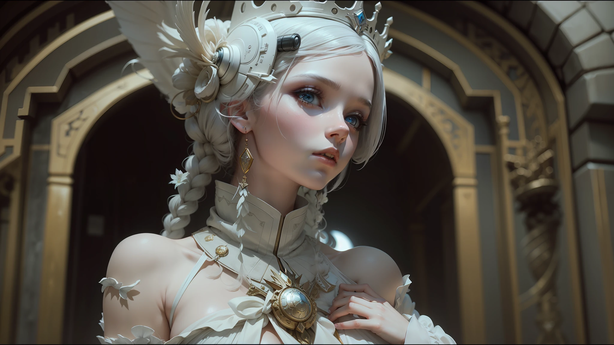 a close up of a woman in a white dress with a crown on her head, cyberpunk temple, detailed cinematic shot, hi - fructose art magazine, pale porcelain white skin, inspired by Karel Dujardin, stunningly detailed artwork, featured on vimeo, by Watanabe Kazan, anamorphic, anthropomorphic female --ar 16:9 --auto --s2