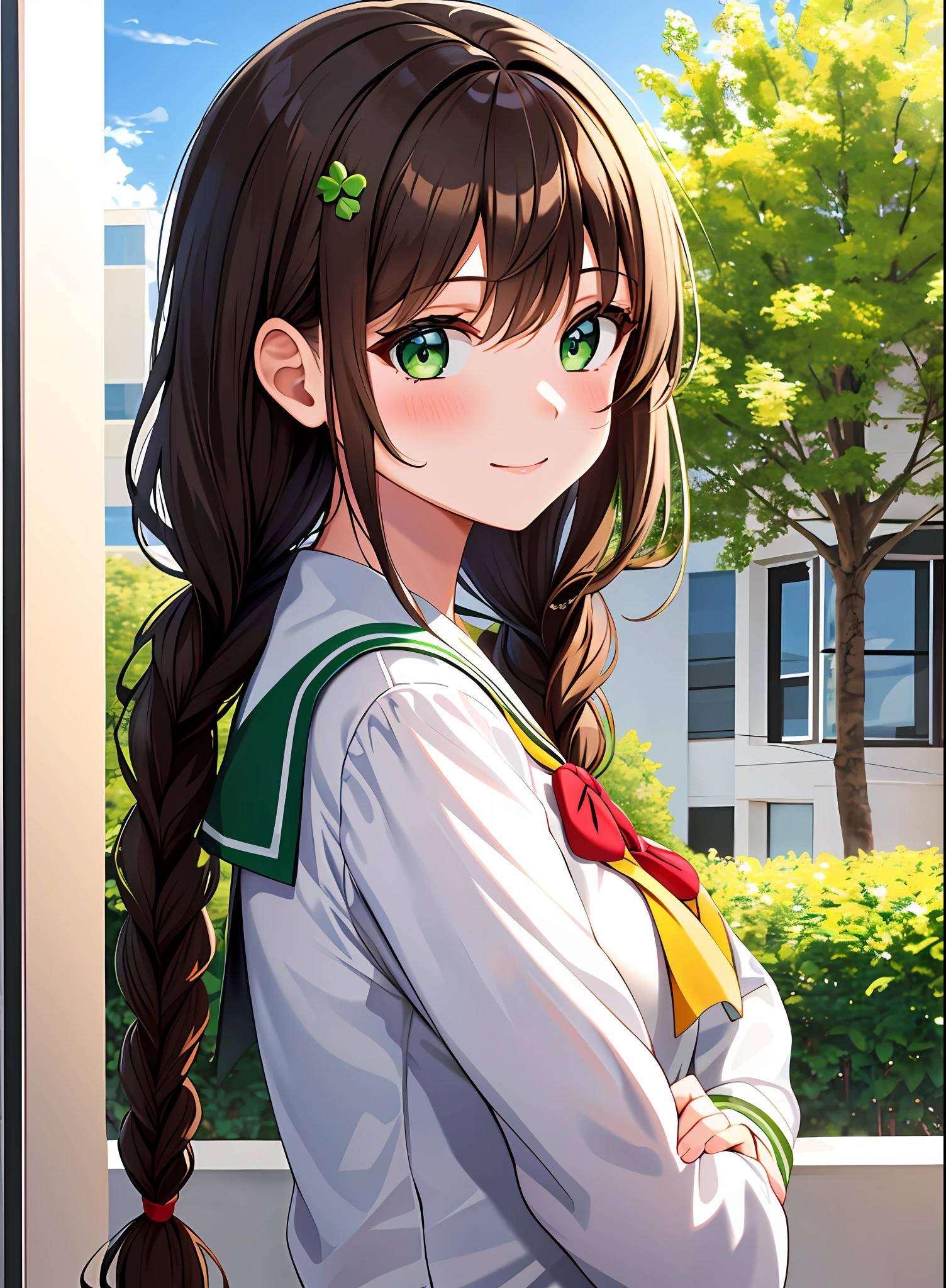 1 girl, brown hair, twisted braids on both sides, green eyes, green clover hairpin, school uniform, window, upper body, portrait, light smile,