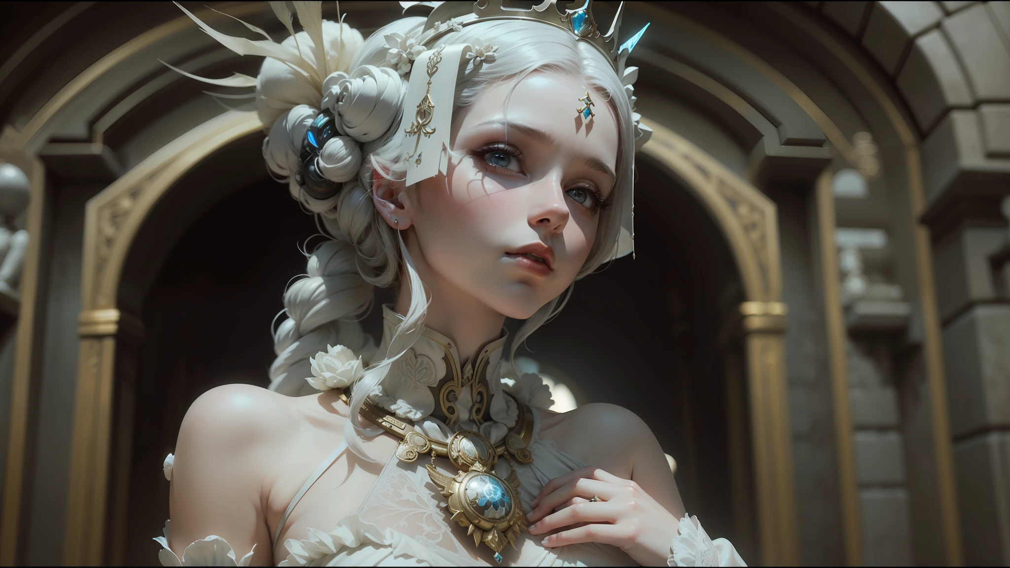 a close up of a woman in a white dress with a crown on her head, cyberpunk temple, detailed cinematic shot, hi - fructose art magazine, pale porcelain white skin, inspired by Karel Dujardin, stunningly detailed artwork, featured on vimeo, by Watanabe Kazan, anamorphic, anthropomorphic female --ar 16:9 --auto --s2