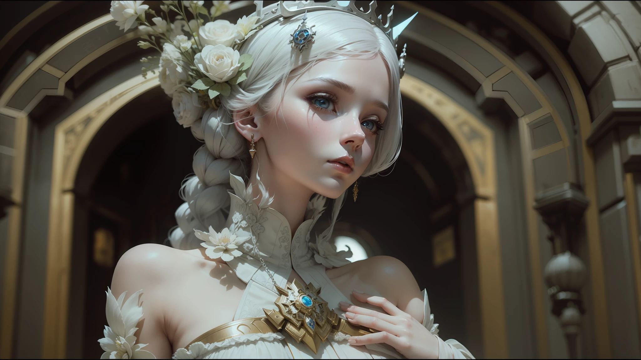 a close up of a woman in a white dress with a crown on her head, cyberpunk temple, detailed cinematic shot, hi - fructose art magazine, pale porcelain white skin, inspired by Karel Dujardin, stunningly detailed artwork, featured on vimeo, by Watanabe Kazan, anamorphic, anthropomorphic female --ar 16:9 --auto --s2