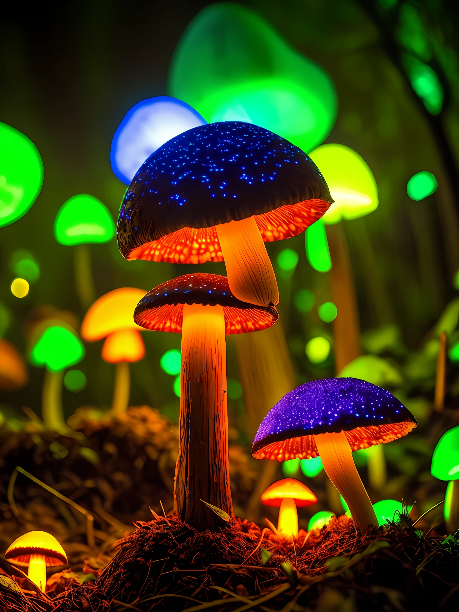 (dark shot:1.1), luminous backlit glowing forest mushroom, drops, neon lights around the mushroom, faded, hyperdetailed