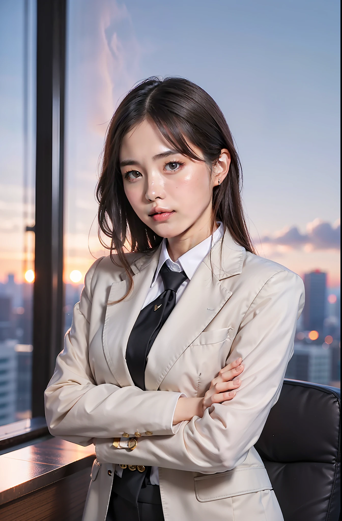 1girl,solo, parted lips,  office lady, business suit ,
skyline, cloud,sunset, arms behind head, looking at viewer, with erotic pose
