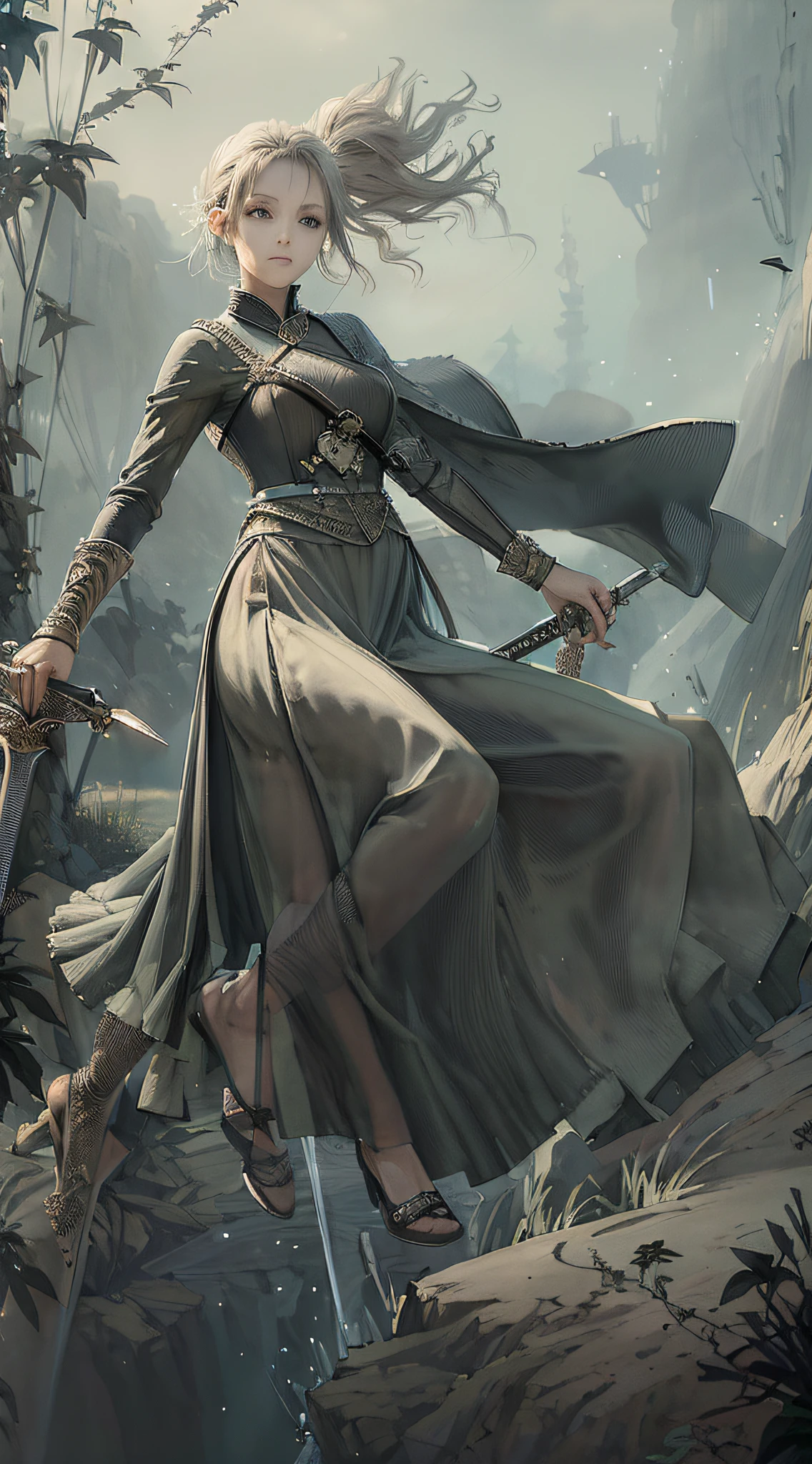 (Best Quality), (Masterpiece) 1 Girl, Sword Duel, Agility, Calm Expression, Flowing Long Skirt, One-handed Sword Holding, High Angle View, Parry Attack, Bamboo Forest Background.