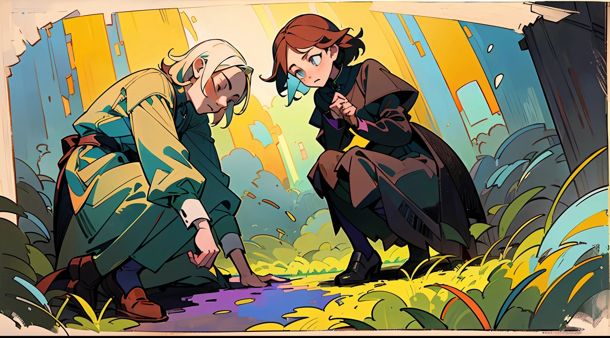 Medium view: Outside, a man (Raskolnikov) kneels on the ground, a young woman (Sophia) reaches out to pull him up, (the color tone of the picture is bright and bright, and the light shines loosely from the lower right corner, forming a warm and hopeful effect.) The right proportions