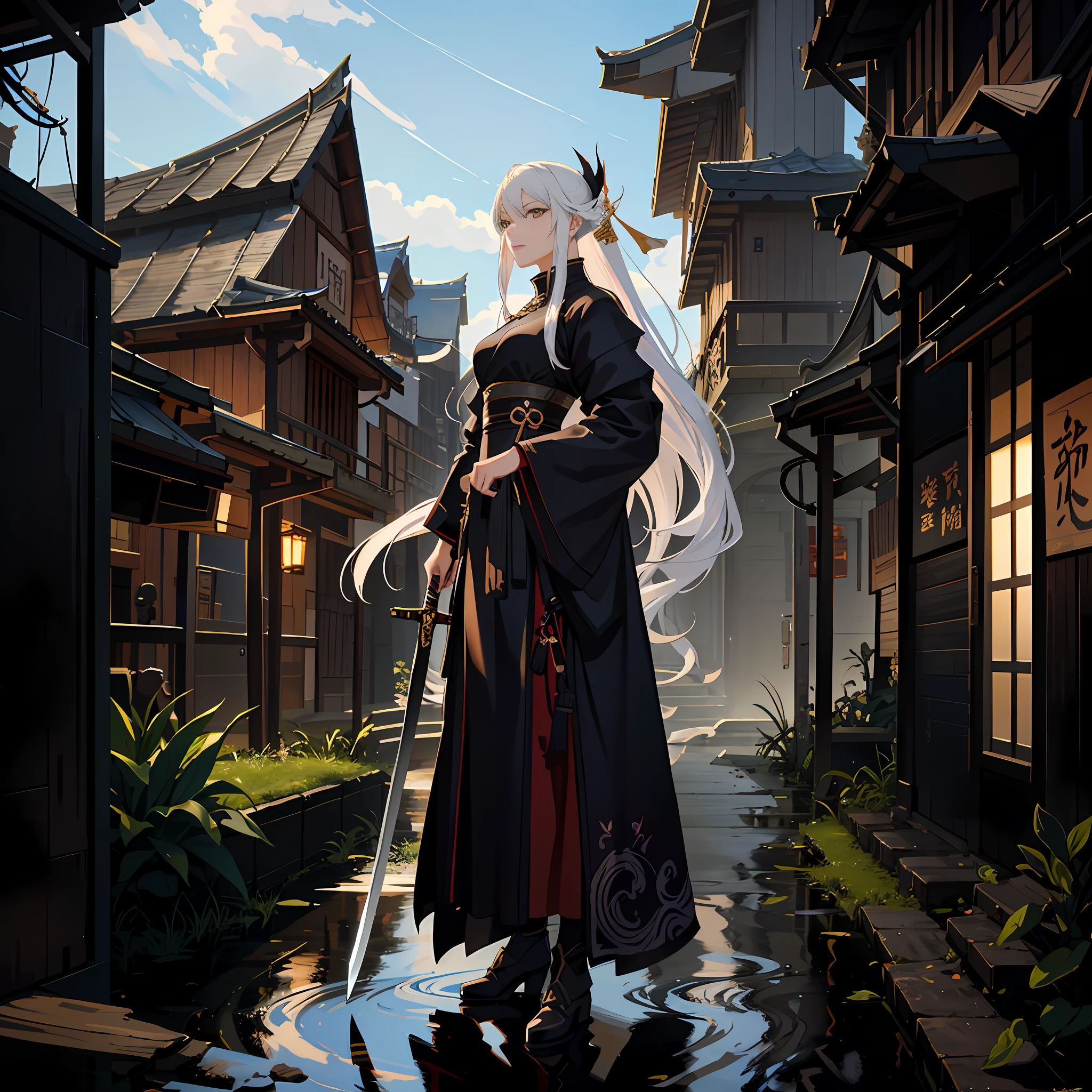 Best Quality, Masterpiece, Ultra High Resolution, Anime - Style illustration of a woman holding a sword in a long dress, 2.5d CGI anime fantasy artwork, Andreas Rocha style, Guvez style artwork, very beautiful cyberpunk samurai, detailed digital 2D fantasy art, digital 2d fantasy art, epic fantasy digital art style, Kusart Krenz key art feminization, anime fantasy illustration, delicate human face, woman, long sword, white hair, pointed ears, Fang (Hanfu: 1.2), (Japanese armor), (flat color: 1.25), (Adult: 1.4), style splash background