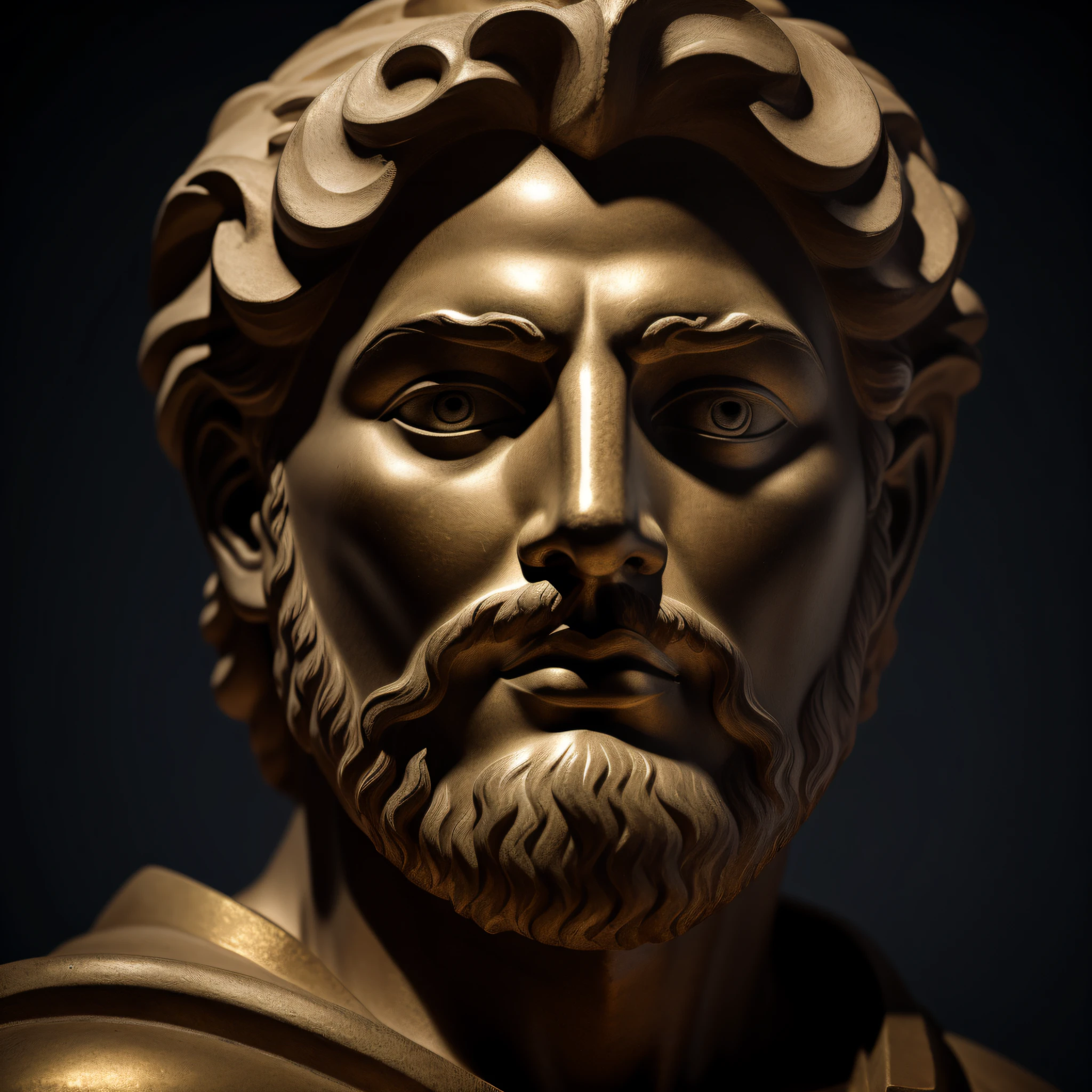 Face of a realistic Greek statue with dark background