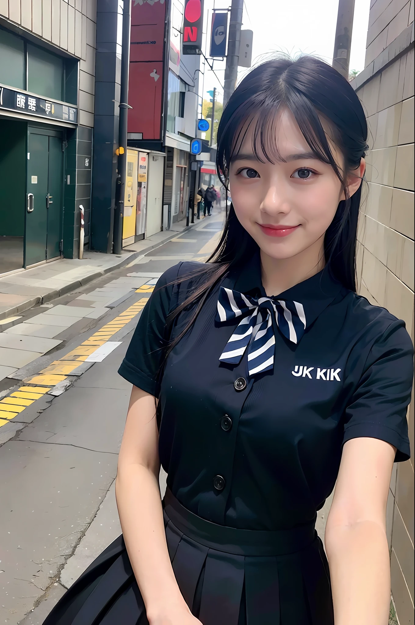 (8k, RAW photo, best quality, mastery:1.3), (realistic, photo-realistic:1.37), (looking viewer:1.331), (black hair), posing, Tokyo street, nightcityscape, cyberpunk city, soft light, 1girl, extremely beautiful face , Perfect body proportions, (small face: 1.1), bust, casual hairstyle, smile, big eyes, (short sleeves JK_shirt), JK_style, (navy JK_skirt), (bow JK_tie), mix4, detailed eyes