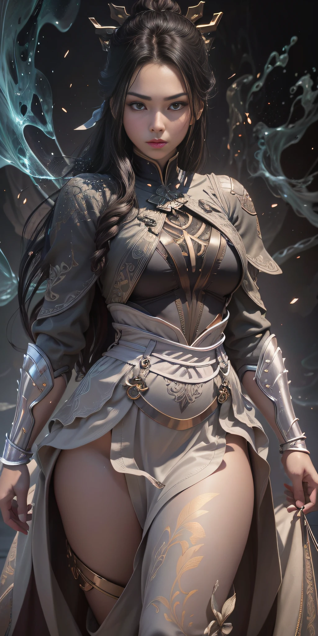1girl, depth of field, official art, Unity 8k wallpaper, super detailed, illustration, beauty and aesthetics, masterpiece, best quality, mature woman, beautiful face, glowing skin, backlight, sporty body, muscular female, curvy, wide hips, colorful, looking at the viewer, silhouette, fantasy, from the front, (chromatic aberration, intricate details), --s2