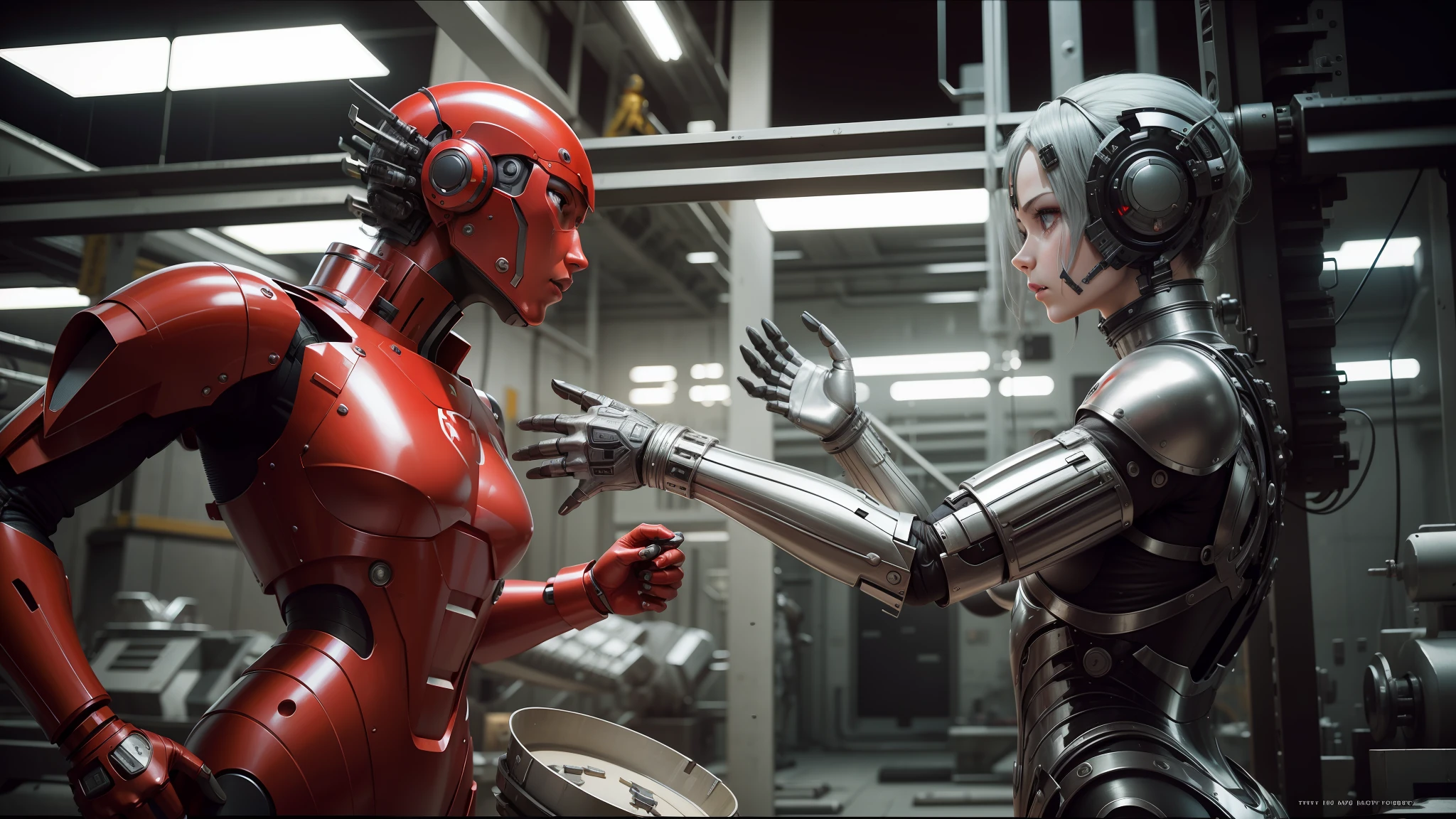 two robots in a factory one is fighting to the other, highly detailed vfx portrait of, silver armor and red clothing, darren aronofsky, wearing atsuko kudo latex outfit, lossless, 2 0 0 0, classical animation, adamantium, connected to heart machines, complete scene, high definition cgsociety --ar 16:9 --auto --s2