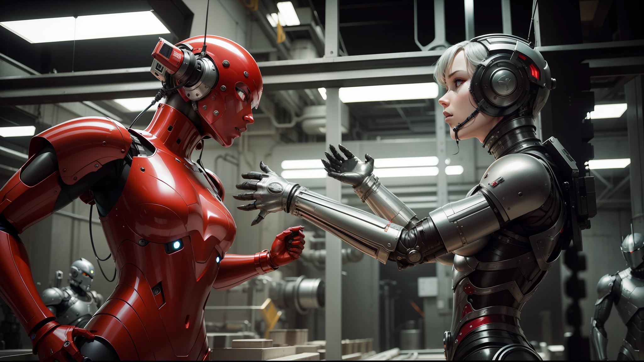 two robots in a factory one is fighting to the other, highly detailed vfx portrait of, silver armor and red clothing, darren aronofsky, wearing atsuko kudo latex outfit, lossless, 2 0 0 0, classical animation, adamantium, connected to heart machines, complete scene, high definition cgsociety --ar 16:9 --auto --s2