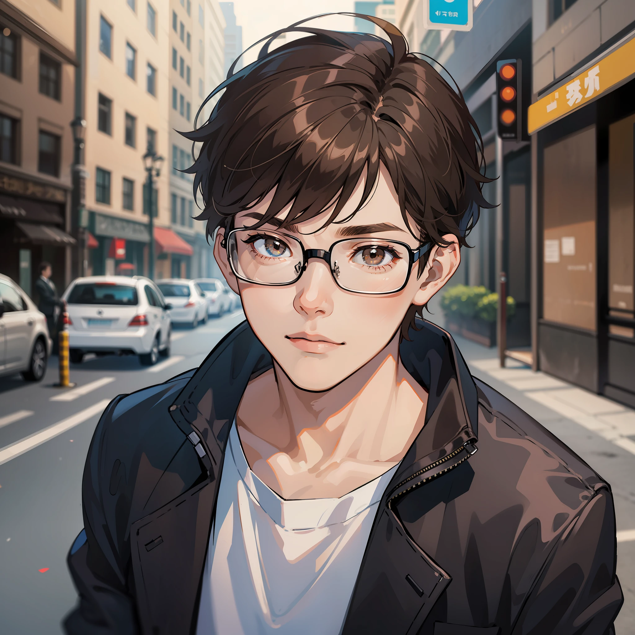 1boy, male, solo, wearing square glasses, short brown hair, bangs, brown eyes, black jacket, blue jeans, park in the background, day time