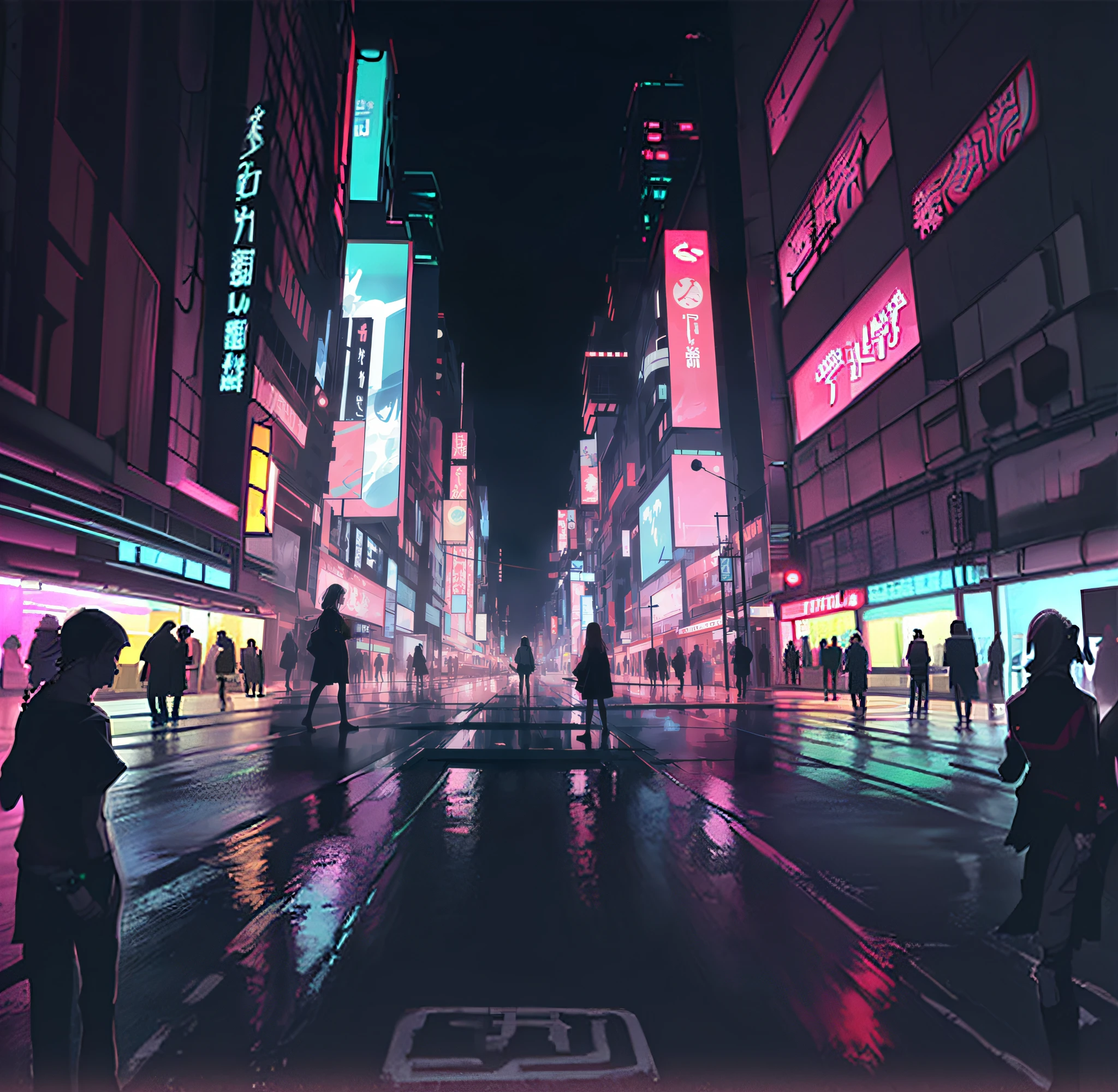 people walking on a city street at night with neon signs, futuristic cyberpunk tokyo night, cyberpunk street, cyberpunk city street, tokyo anime scene, in a futuristic cyberpunk city, cyberpunk night street, inspired by Liam Wong, futuristic street, futuristic city street, cyberpunk streets at night, in cyberpunk city, cyberpunk streets in japan, busy cyberpunk metropolis, cyberpunk street at night