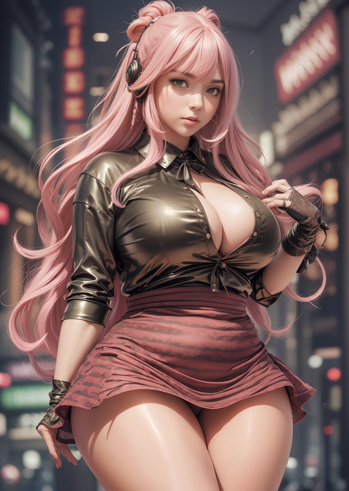 (8k, RAW photo, best quality, masterpiece:1.2), (realistic:1.3), (photorealistic:1.3), ultra-detailed, (high detailed skin:1.2), 8k uhd, dslr, soft lighting, high quality, film grain, Fujifilm XT3, best quality, beautiful lighting, 1girl, long hair, side_swept_hair, ((pink hair)), pink eyes, normal ears, smug, full body, bbw, hugebreasts, exposed cleavage, outdoor, city, posing, night, thick thighs, nice legs, beautiful legs, shiny legs, teasing with legs, no skirt, black shirt, open shirt, business woman, white shirt, tie, knee, spread the legs --auto --s2