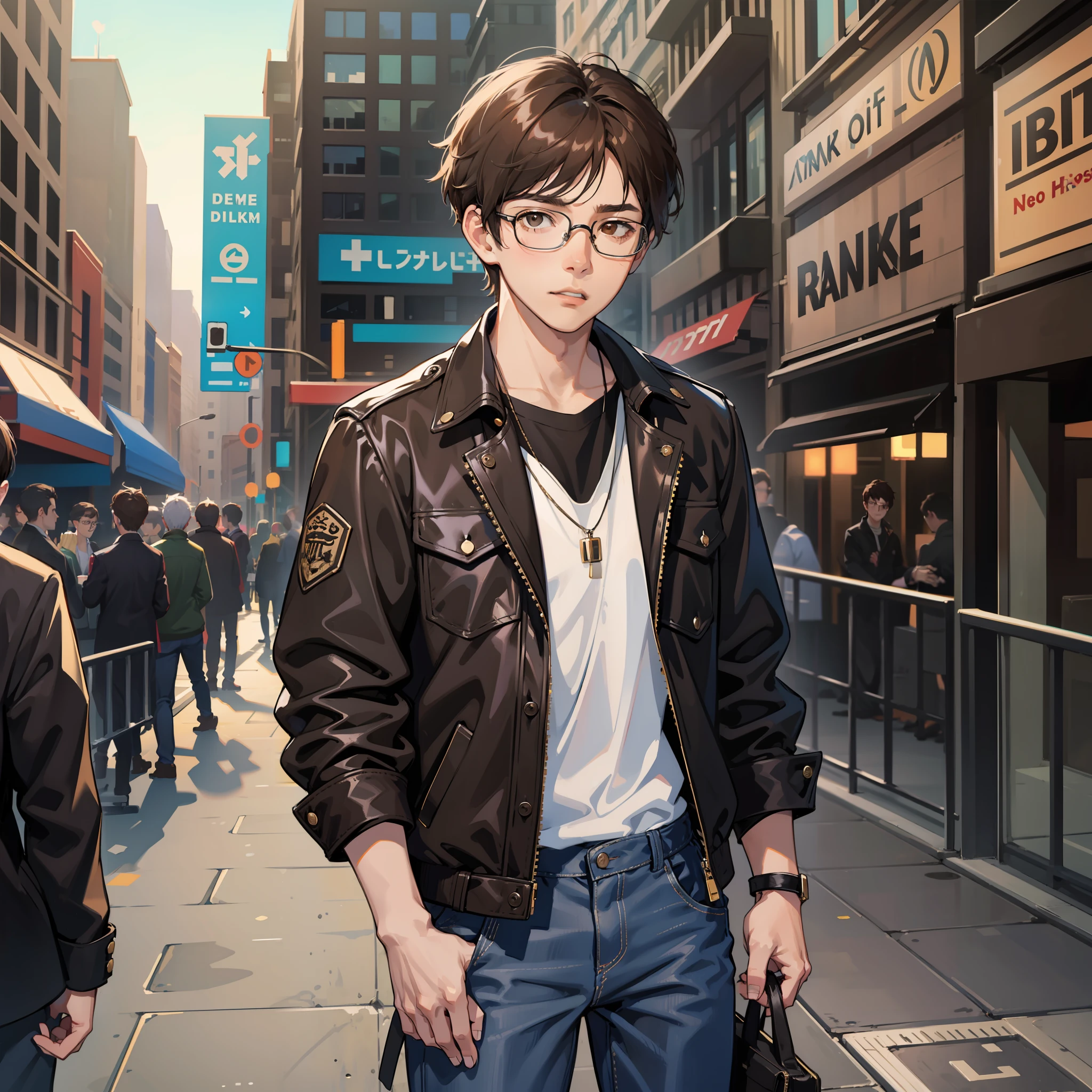 1boy, male, solo, wearing square glasses, short brown hair, bangs, brown eyes, black jacket, blue jeans, park in the background, day time