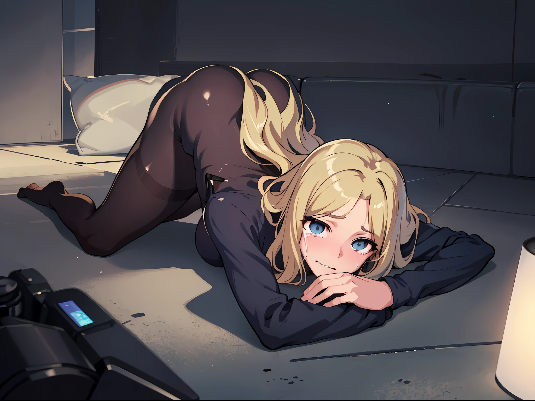 (((masterpiece))), best quality, highly detailed,extremely detailed CG unity 8k wallpaper,illustration,
solo,one female,1female,da,PANTYHOSE,black penties,black bra,small breast,dark blue eyes,medium hair,blonde ,small breast,
indoor,grey background, dark background,wet, living room ,spotlight,
suffering,tears,crying,suffering face,angle from behind,looking backward,camera from behind,lying on the ground,face on the ground