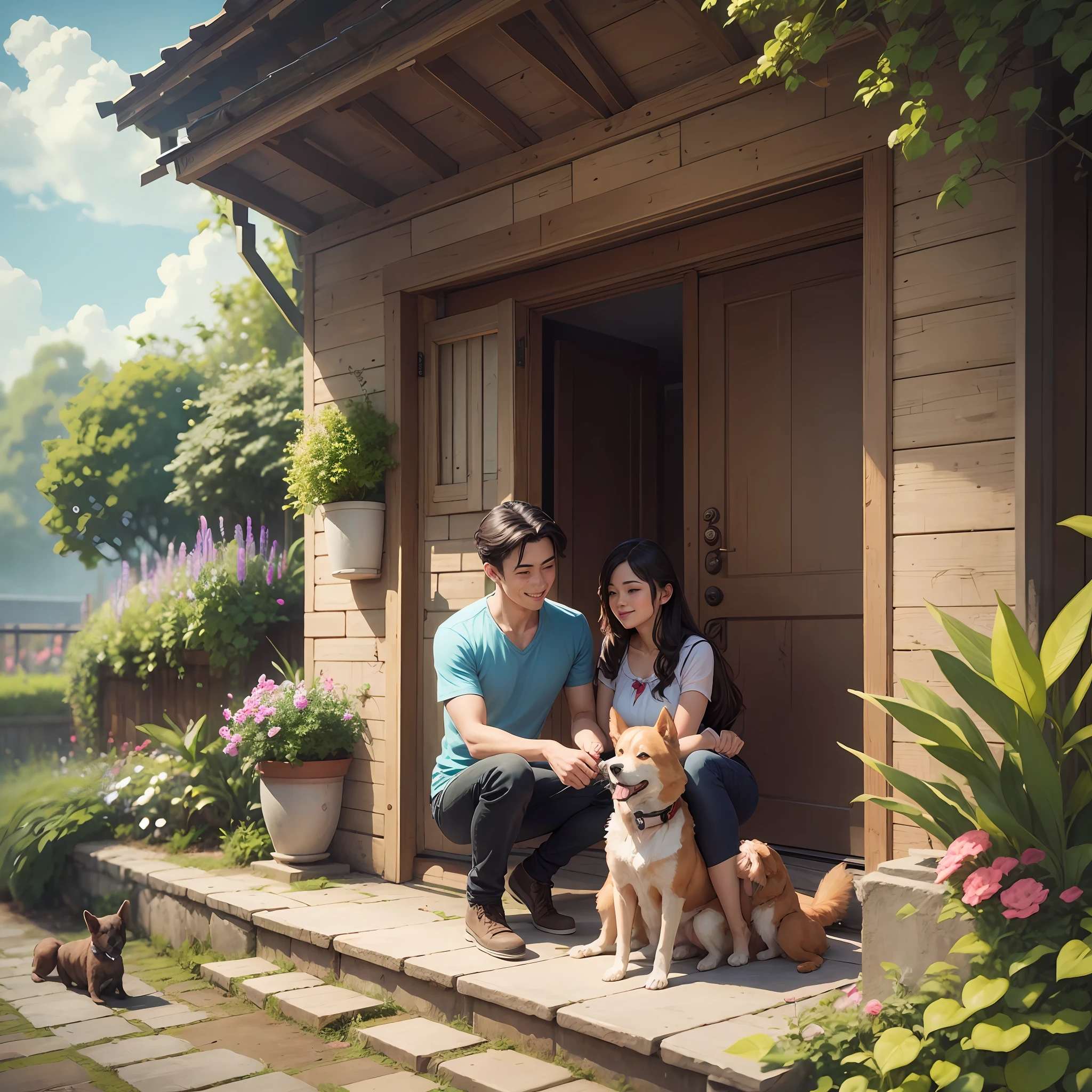 Couple with dog,at garden, --auto --s2