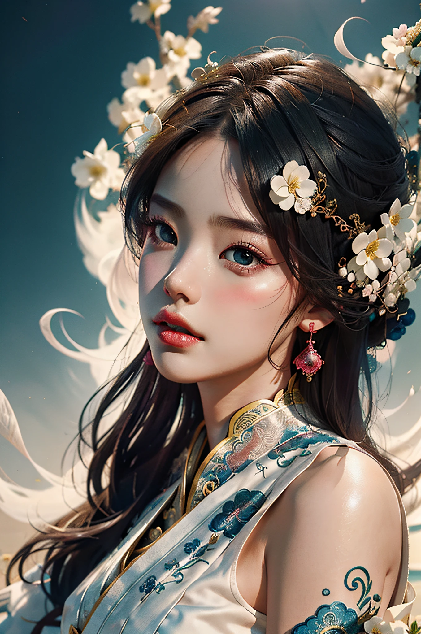 zhongfenghua, 1girl, (full body) solo, hanfu, flower field, blossom, (white smokes:1.3) (photorealistic:1.4), zentangle, mandala, entangle, official art, unity 8k wallpaper, ultra detailed, beautiful and aesthetic, masterpiece,best quality, (dynamic angle:1.4), glowing skin, (floating colorful sparkles:1) the most beautiful form of chaos, elegant, a brutalist designed, vivid colours, romanticism depth of field,
